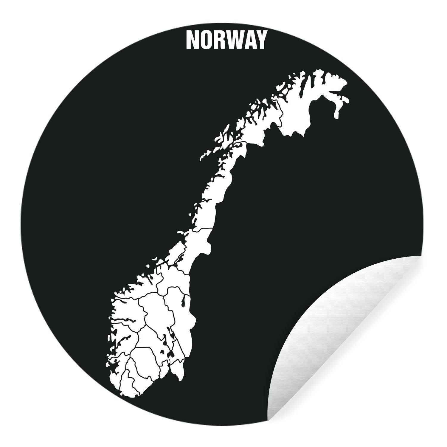MuchoWow Wandsticker Illustration von Norwegen in Weiß vor schwarzem Hintergrund (1 St), Tapetenkreis für Kinderzimmer, Tapetenaufkleber, Rund, Wohnzimmer