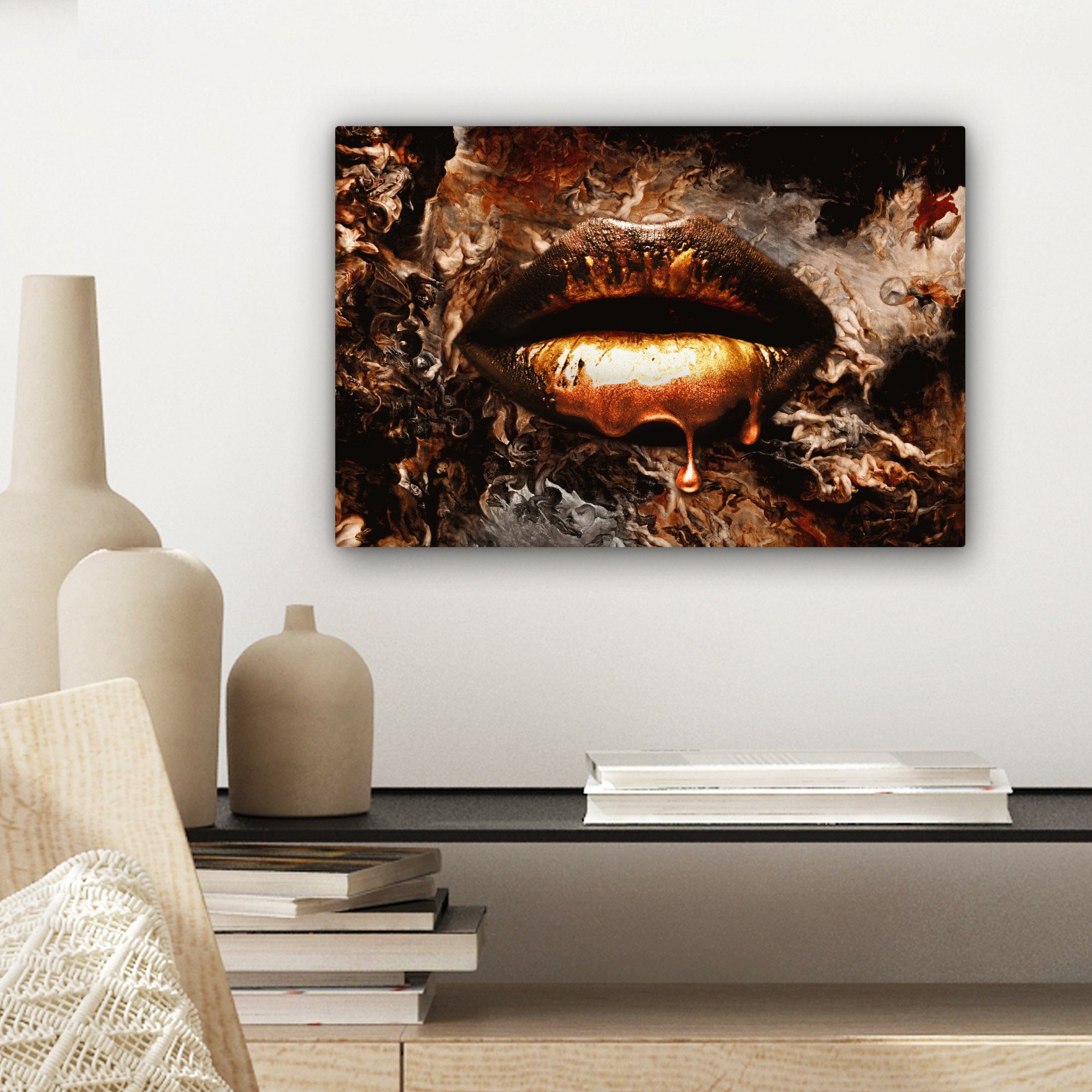 Lippen Aufhängefertig, 30x20 - - Gold OneMillionCanvasses® Wandbild - Lippen Kunst Leinwandbilder, Leinwandbild cm - (1 Luxus Wanddeko, St), Abstrakt, - Gold