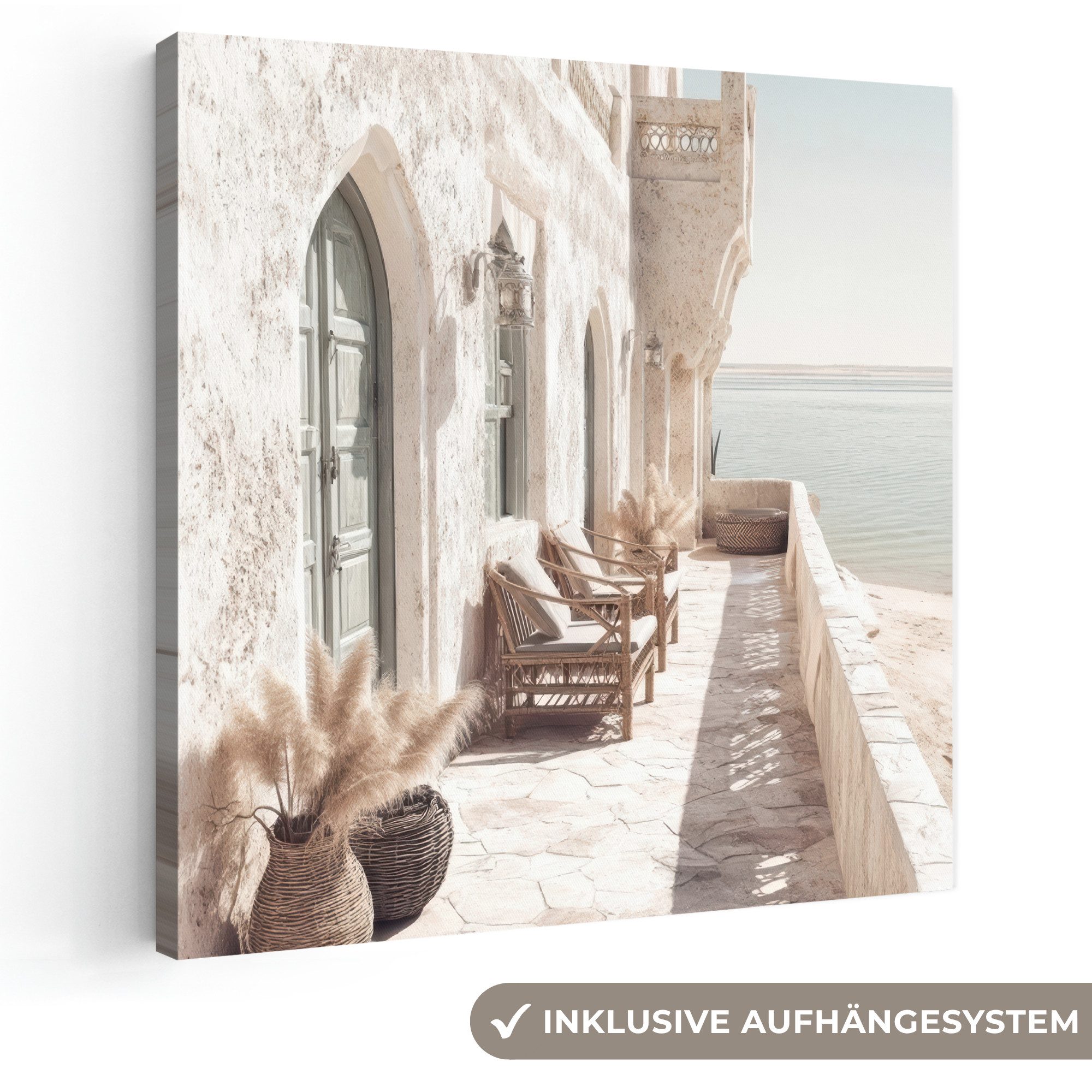 OneMillionCanvasses® Leinwandbild Terrasse - Stühle - Strand - Beige, Fotodruck (1 St), Wandbild, Deko Schlafzimmer Wohnzimmer Flur 20x20 cm