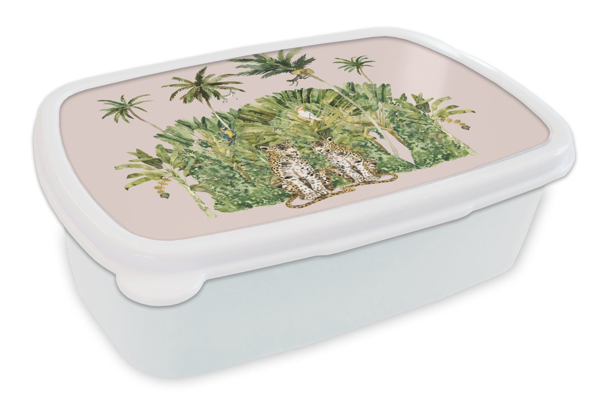 MuchoWow Lunchbox Dschungel - Tiere - Bäume, Kunststoff, (2-tlg), Brotbox für Kinder und Erwachsene, Brotdose, für Jungs und Mädchen weiß