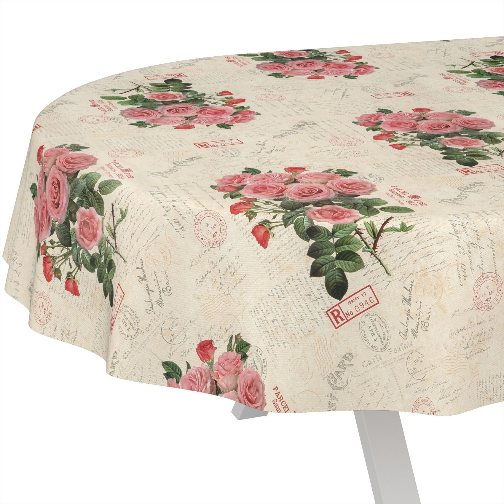 ANRO Tischdecke Wachstuch abwaschbar Postkarte Rosen Tischwäsche (Einzelstück 1-tlg), wasserabweisend pflegeleicht Shabby Chic Beige Oval 180x140cm