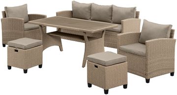 KONIFERA Gartenlounge-Set Amsterdam, (Set, 16-tlg., 1x 3er Sofa, 1x 2 Sessel, 2x Hocker, 1xTisch 144,5x74x67cm,Polyrattan), Stahl, Ablagefläche unter dem Tisch, Loungeset