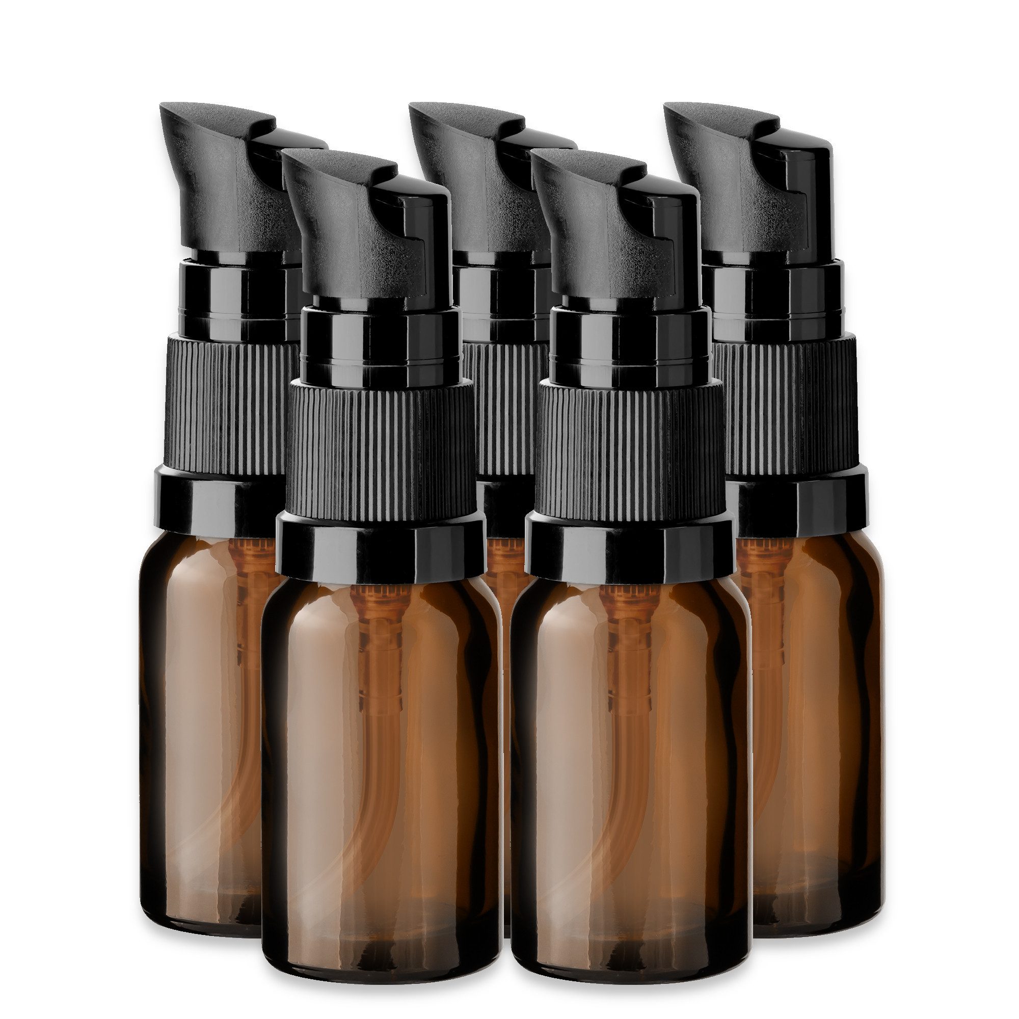 CK Verpackung GmbH Leerglas 5x Glasflasche braun 10 ml mit schwarzer Pumpe und Kappe Nachfüllbar (Set x5)