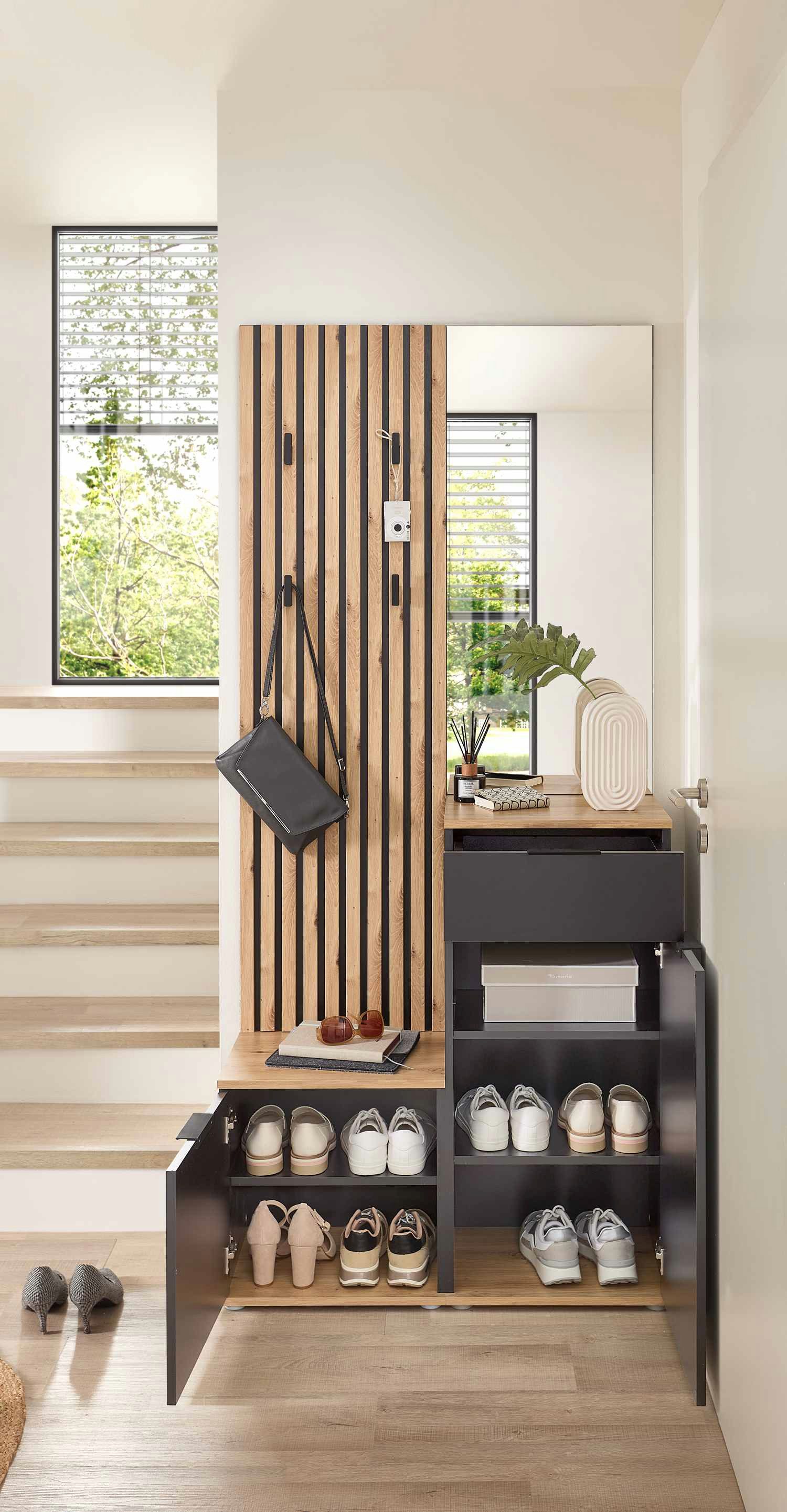 moebel-dich-auf Kompaktgarderobe EASY (Paneel + Bank + Spiegel + Schuhschrank, in 2 Farbvarianten, Lamellenoptik) 88 cm breit