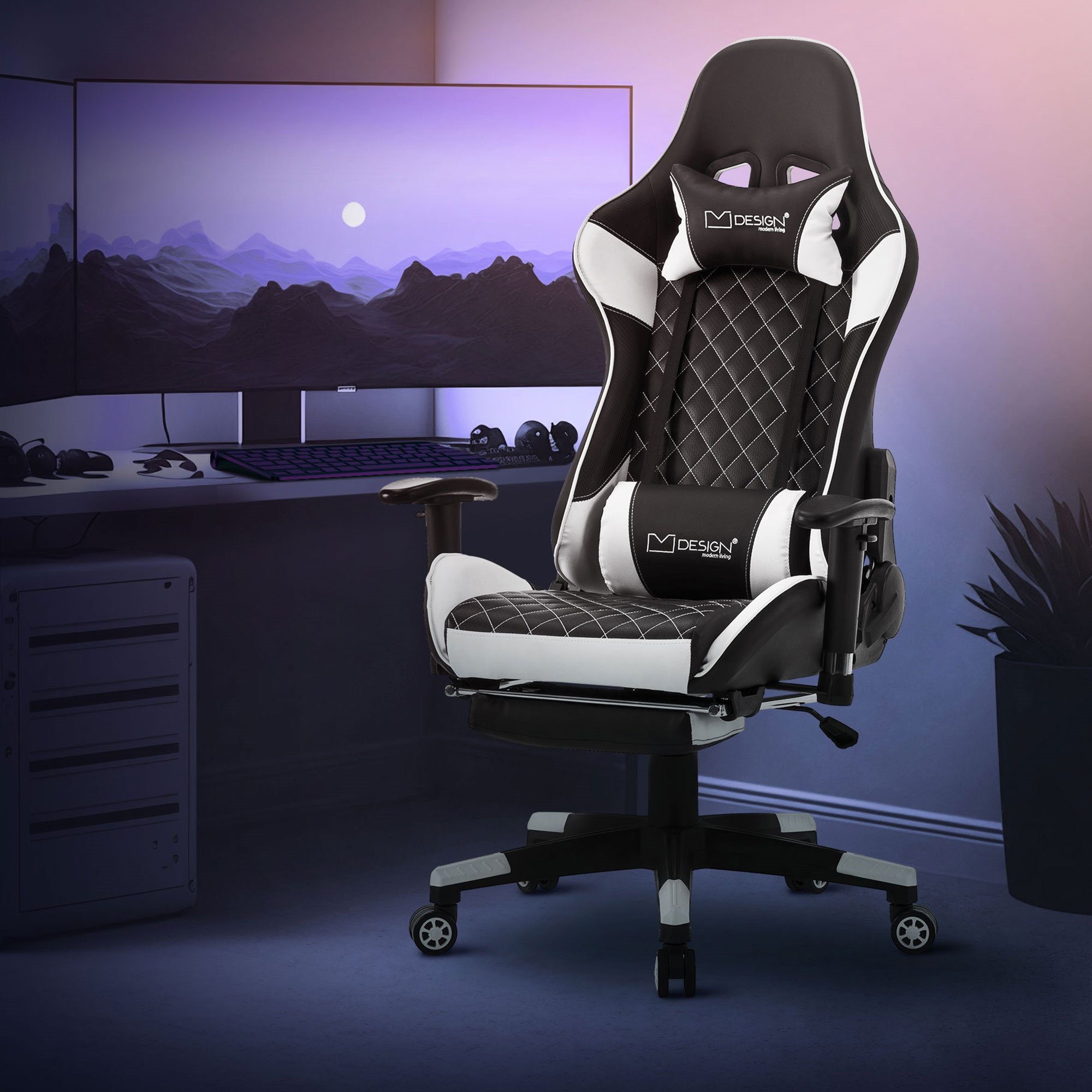 ML-DESIGN Gaming-Stuhl Gaming Stuhl mit Fußstütze Ergonomischer Bürostuhl mit Armlehne, aus Kunstleder, Kopfstütze, Lendenkissen, Drehstuhl verstellbar Schwarz, Weiß