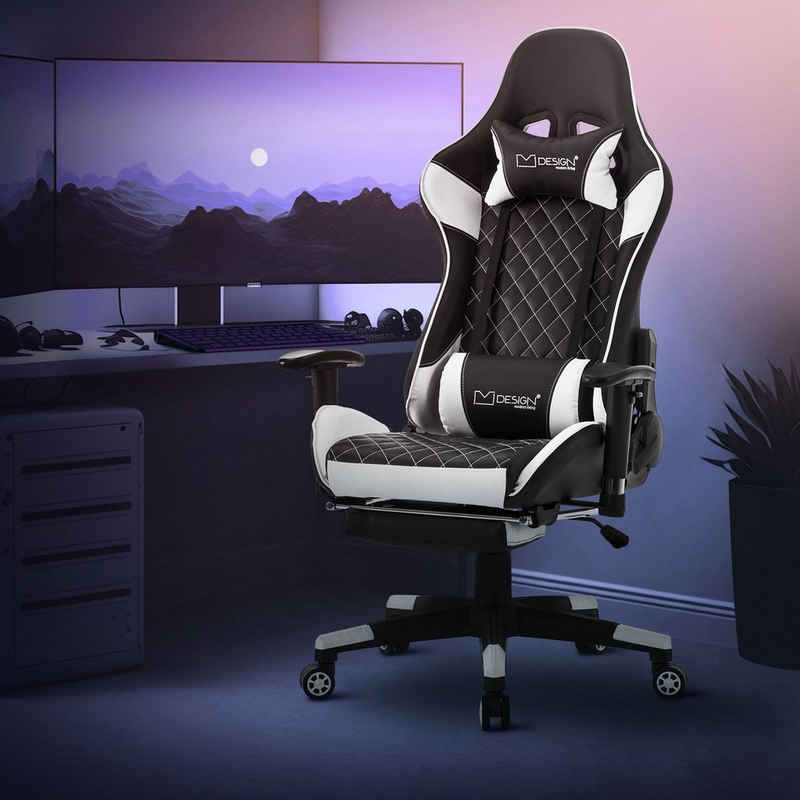 ML-DESIGN Gaming-Stuhl Bürostuhl mit Fußstütze und Armlehne Kunstleder Hohe Rückenlehne, Drehstuhl Schwarz-Weiß ergonomisch mit Kopfstütze verstellbar