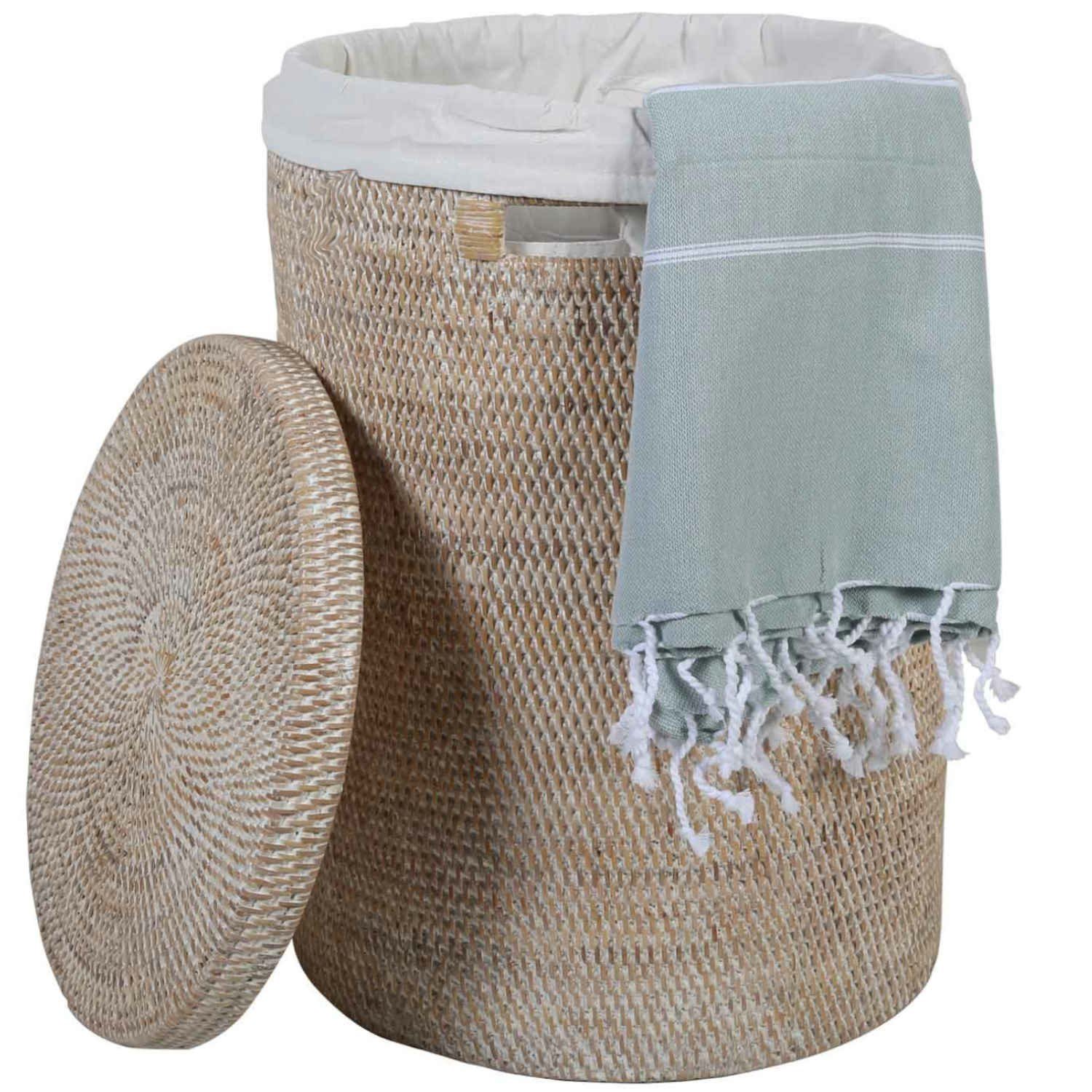 Casa Moro Wäschekorb Rattan Wäschebehälter Cleo Weiß rund mit Deckel & Innenfutter (Designer Weide Korb, Aufbewahrungskorb rustikal geflochten, Rattan Korb rund), Boho Chic Wäschesammler mit Griff