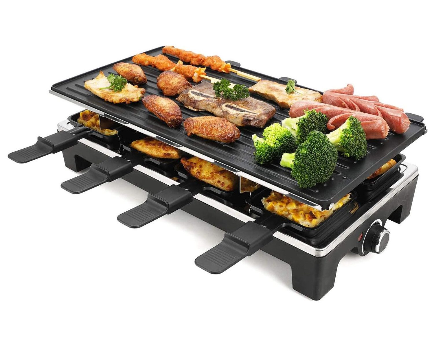 Vornix Tischgrill Raclette Tischgrill 1500W mit 8 antihaftbeschichteten Pfännchen, Wendbarer Grillplatte für Familienabende & Party