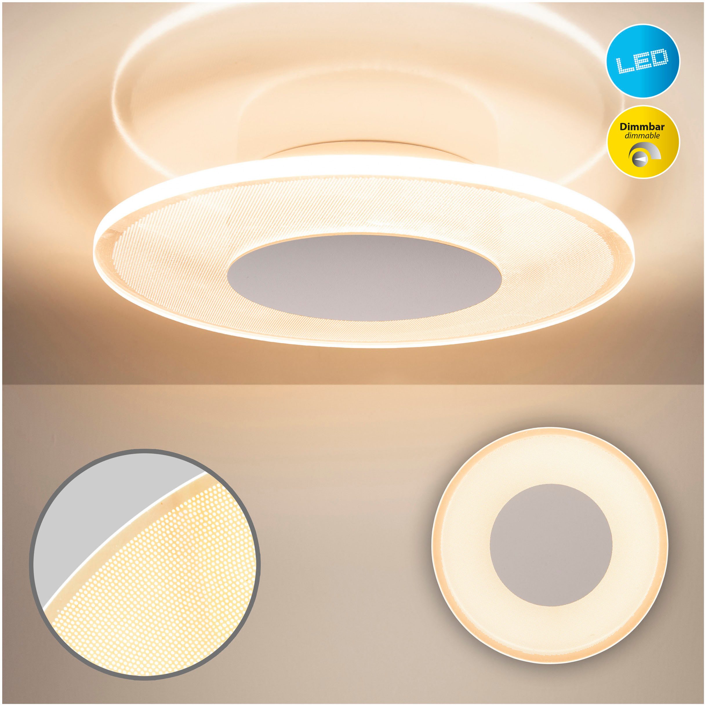 näve LED Deckenleuchte Modesto, LED fest integriert, Warmweiß, weiß- satiniert, 3-Stufen dimmbar über Wandschalter, 60 warmweiße LED
