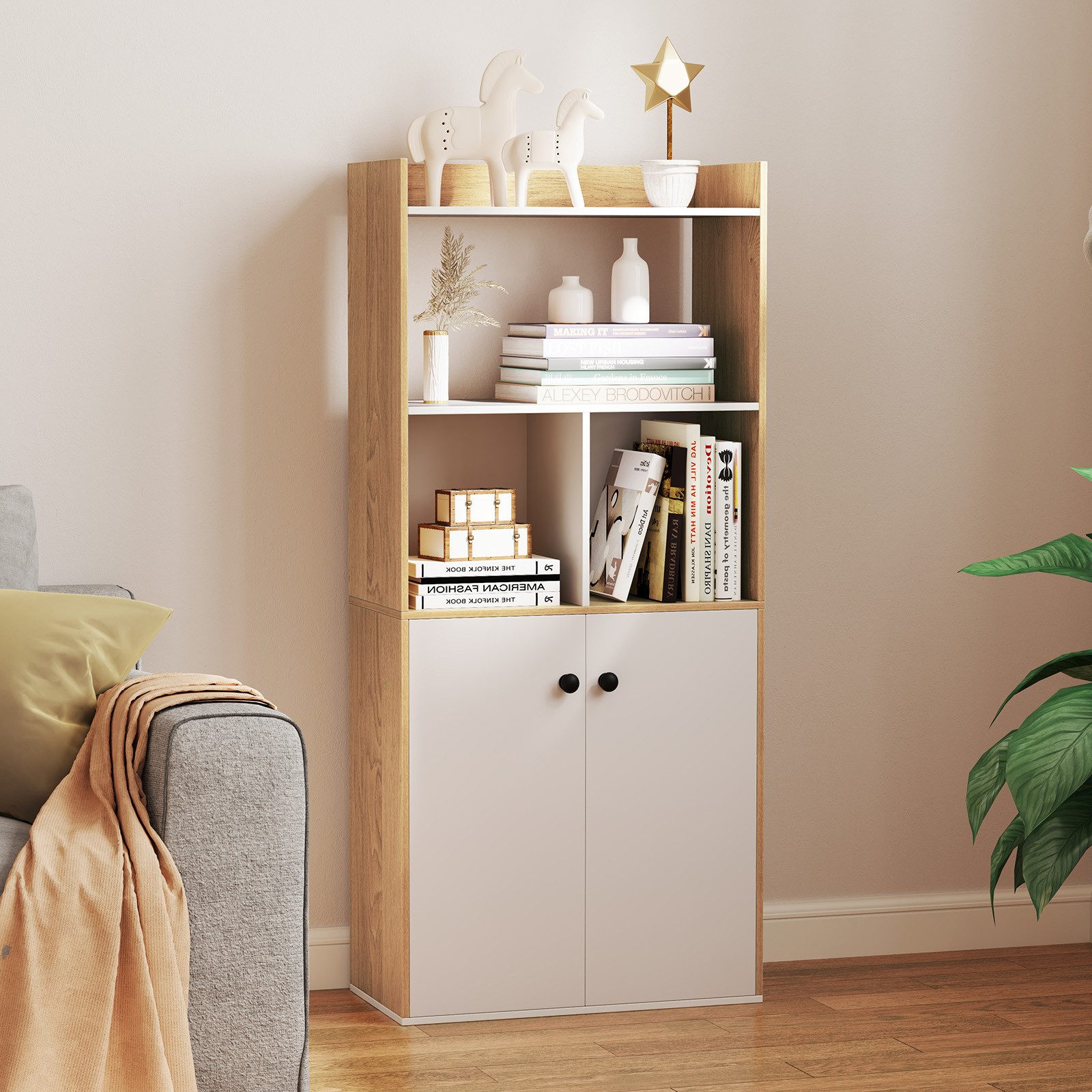 COSTWAY Bücherregal, mit Doppeltürschrank & Regal, Holz, 60x30x140cm günstig online kaufen