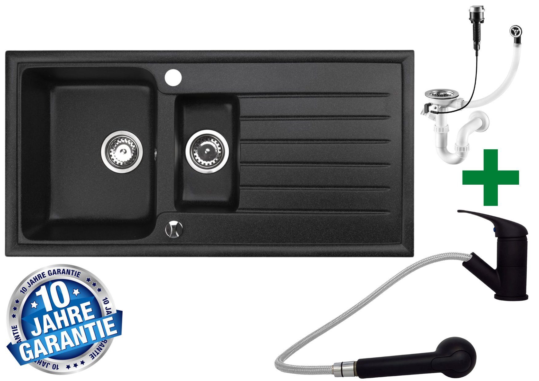 Faizee Furniture Granite Sink, Kitchen Sink with Siphon and Pull-Out Faucet, Black, Square