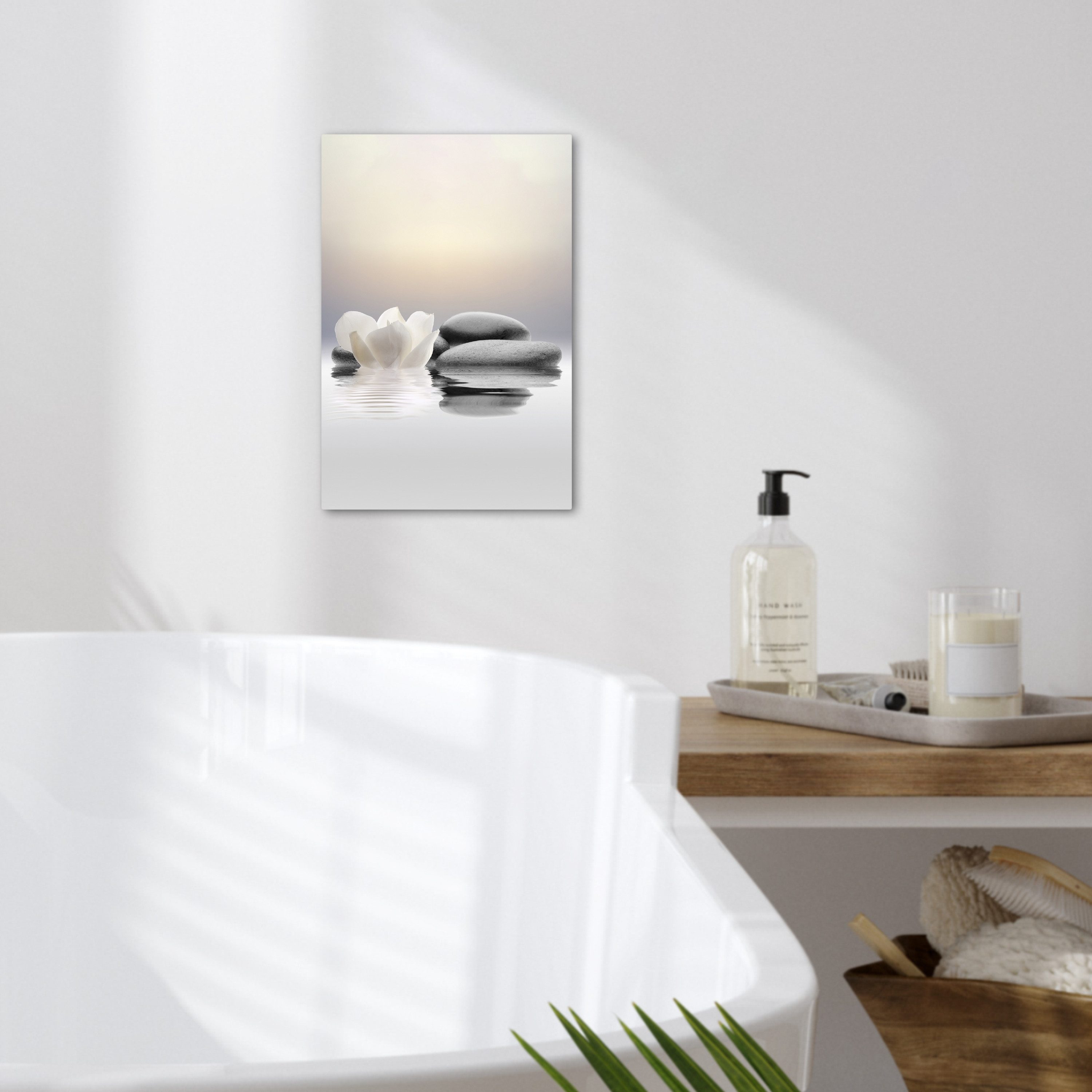 OneMillionCanvasses® Leinwandbild Steine - Lotus - Weiß - Wasser - Zen, Fotodruck (1 St), Badezimmer Deko, Bilder WC, Toilette Wanddeko 20x30 cm