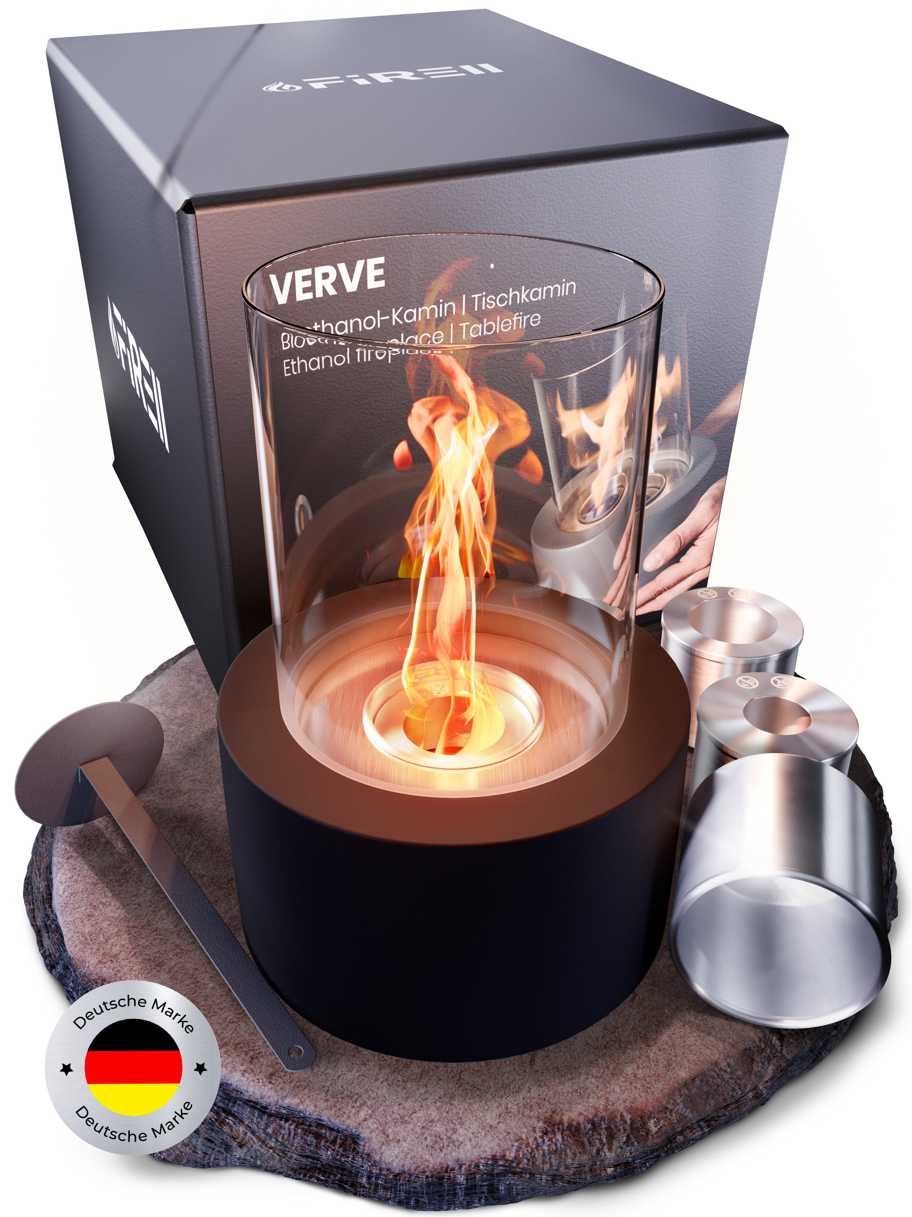 FIRELL Tischfeuer Ethanol Tischkamin Indoor & Outdoor Echtfeuer-Dekokamin (aus massivem Beton, Komplett-Set), Verstellbare Flamme, 3,2 kg Beton, 3h Brenndauer