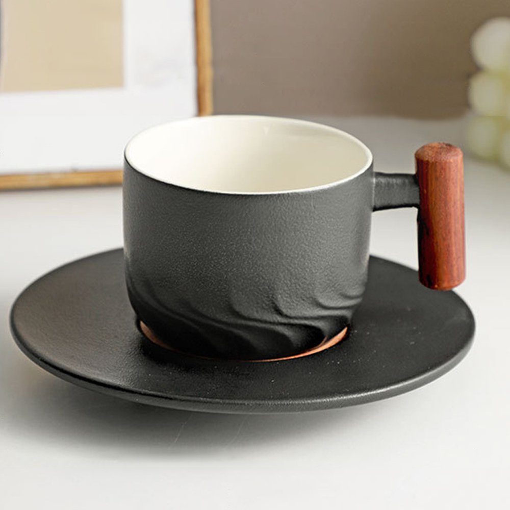 Dekorative Kaffeeservice Keramik Kaffeebecher Set, Cappuccino Tassen mit Unterteller, Holzgriff (1-tlg) Schwarz