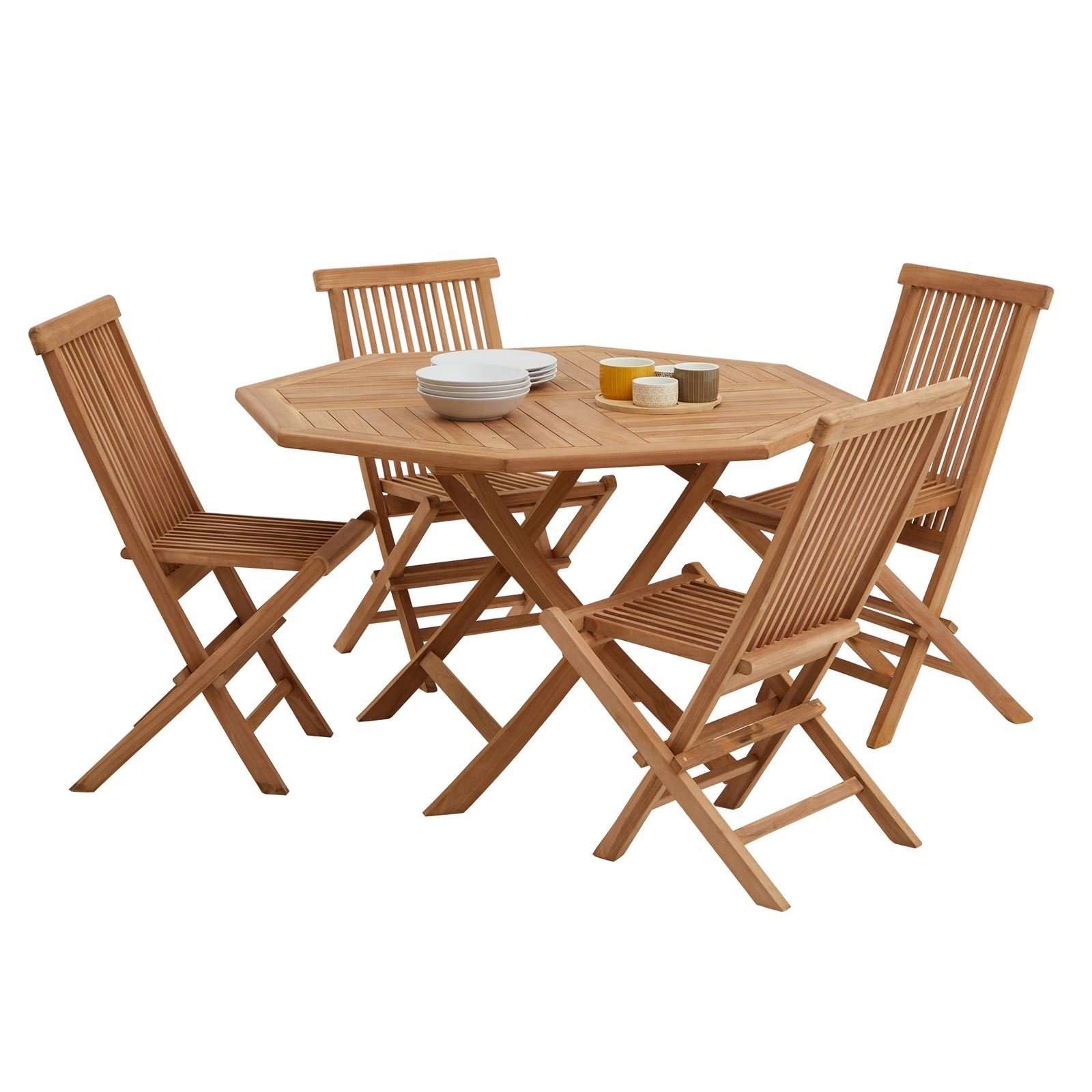 CARO-Möbel Gartenlounge-Set MALTA, Teak Stühlen 5er-Set und Gartenmöbel mit 4 klappbar im achteckig Tisch