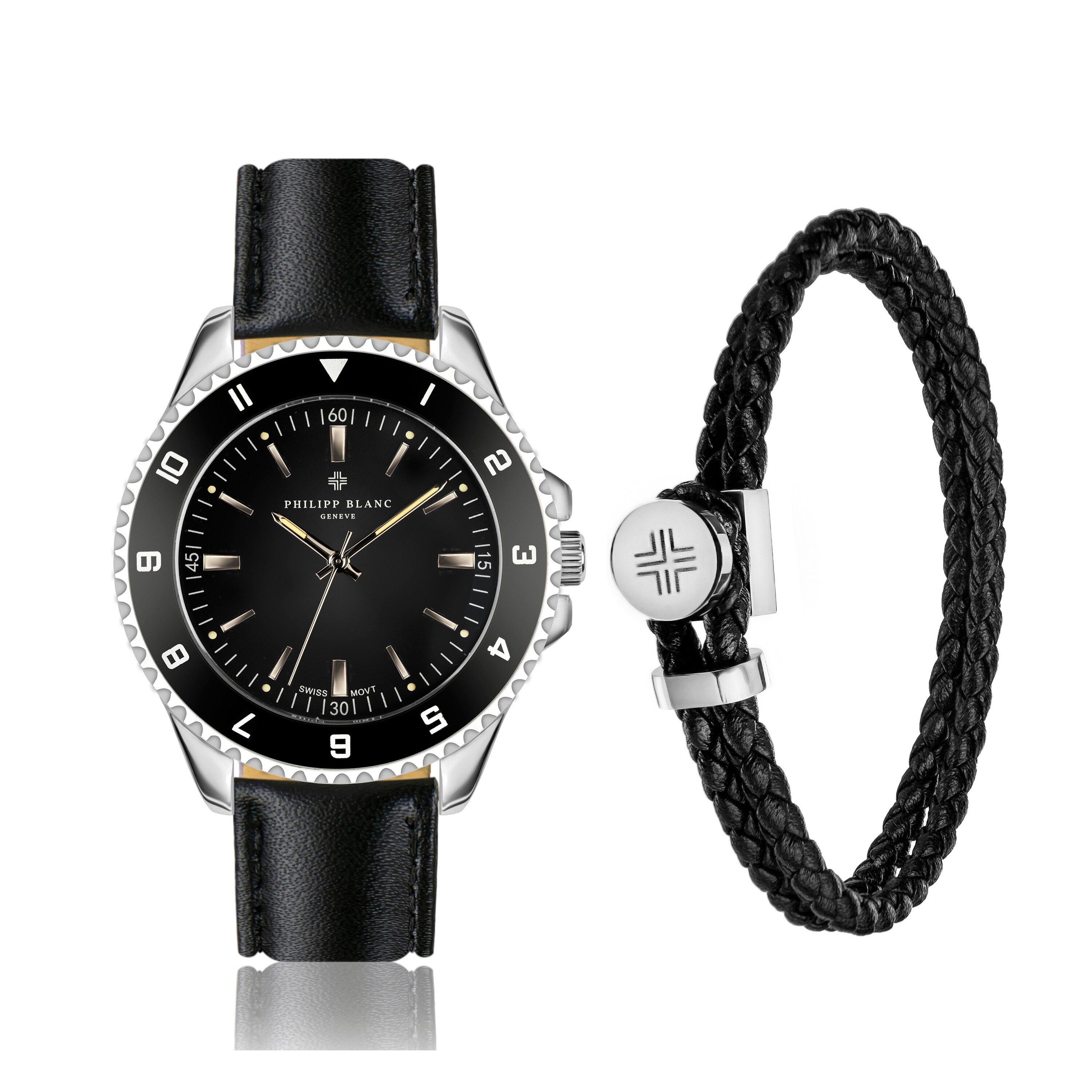 PHILIPP BLANC Quarzuhr SPA8-2 Avenches-Set aus schwarzem Leder