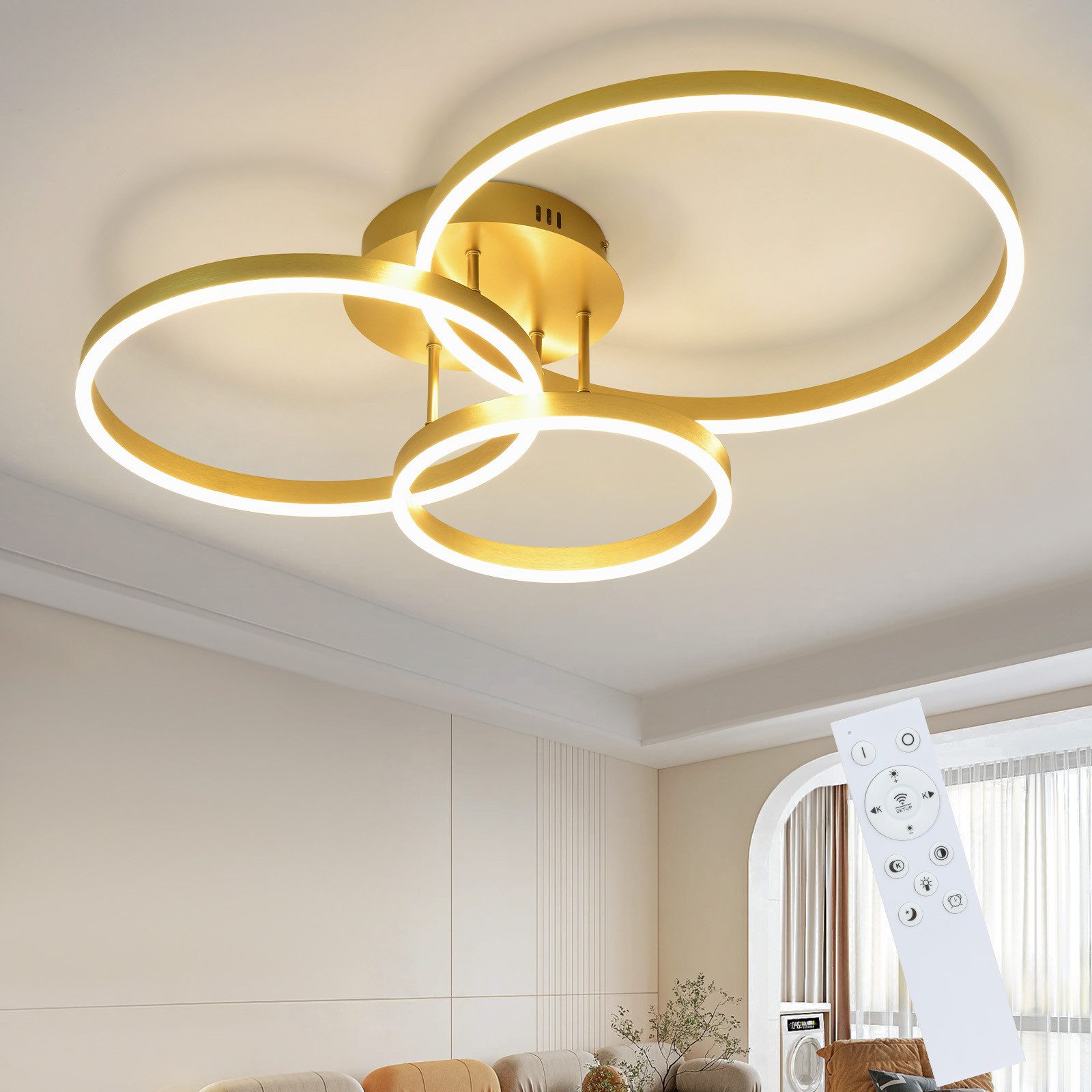 ZMH LED Deckenleuchte Wohnzimmer Modern Gold 2/3/4 Ring Design Deckenlampe günstig online kaufen