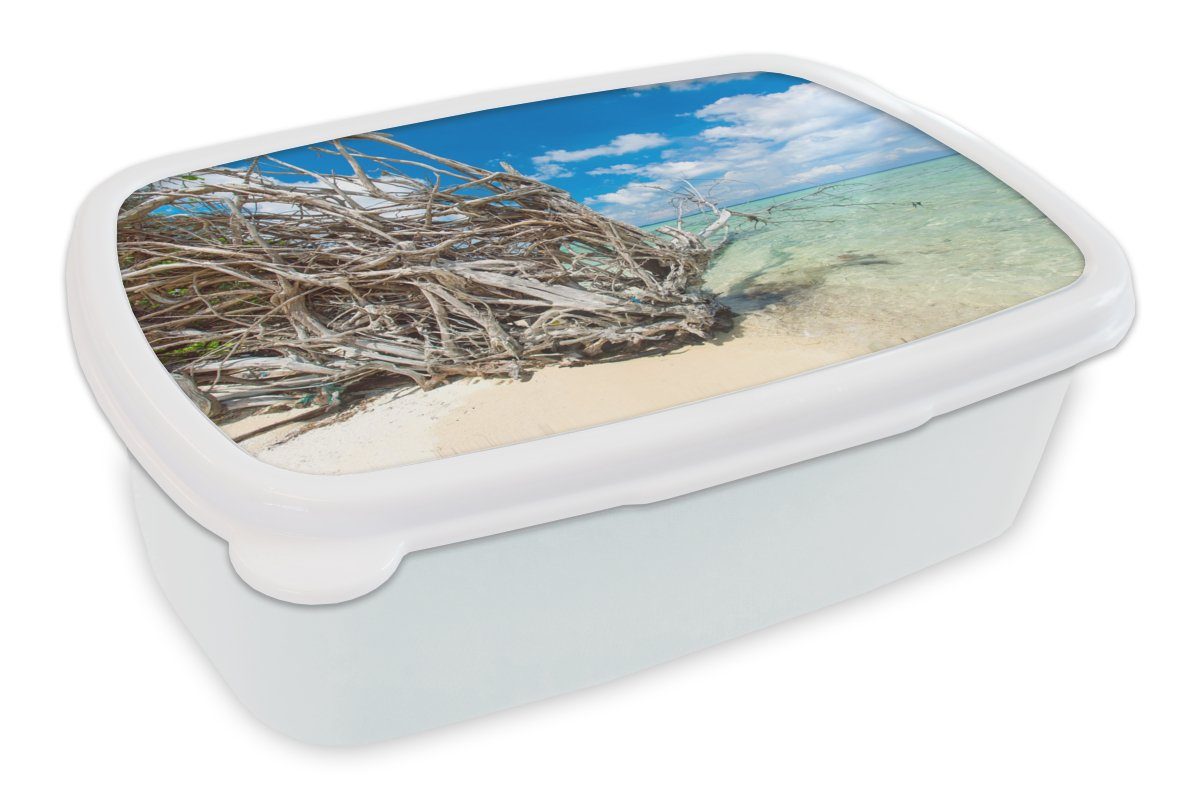 MuchoWow Lunchbox Strand - Äste - Tropisch - Meer, Kunststoff, (2-tlg), Brotbox für Kinder und Erwachsene, Brotdose, für Jungs und Mädchen weiß
