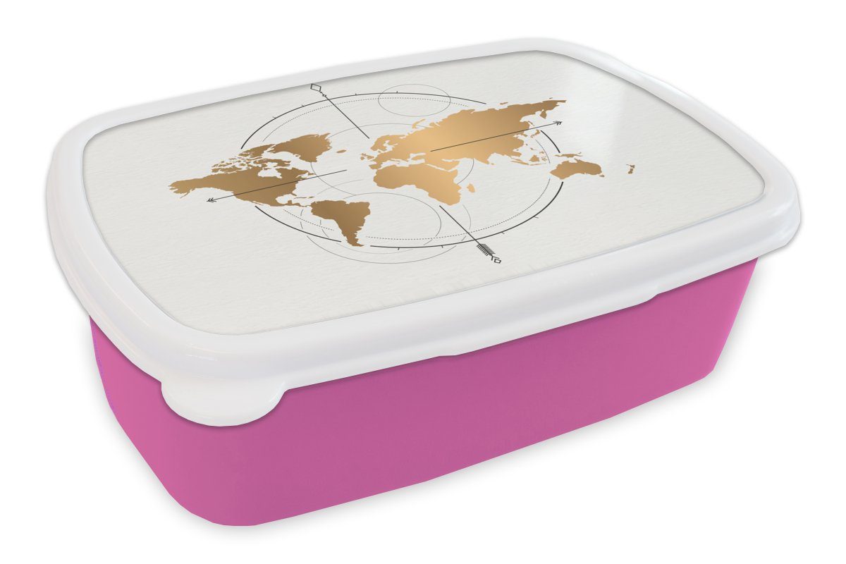 MuchoWow Lunchbox Weltkarte Erwachsene, Snackbox, - rosa Jungen Brotbox - Kinder, für Kunststoff Brotdose Kinder Mädchen, - (2-tlg), Mädchen, Kompass Kunststoff, - Gold 