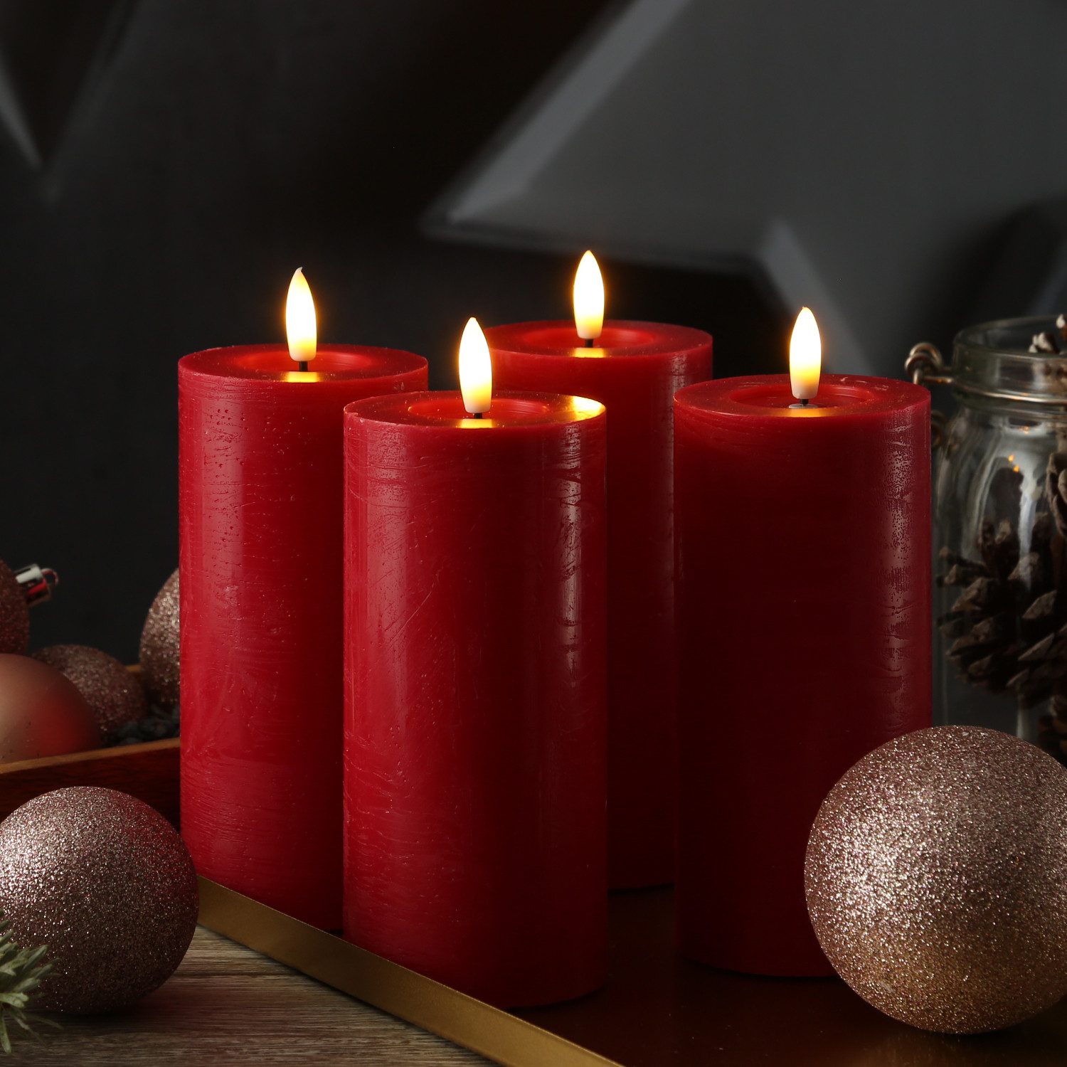 Adilina LED-Kerze Kerzenset LINA Rustik Optik für Adventskranz 7x15cm Timer rot 4St, LED Classic, warmweiß (2100K bis 3000K) – Bild 4 von 4