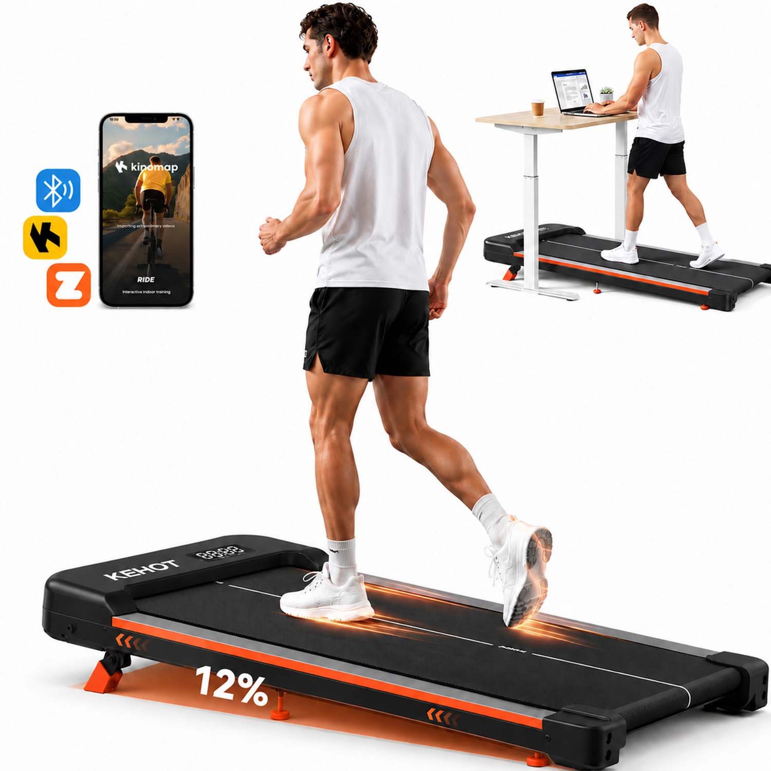 kehot Laufband Walking Pad mit Steigung für Homeoffice und Zuhause (6% und 12% Steigung für intensiveres Gehtraining, Unter Schreibtisch für mehr Bewegung im Alltag), Kompakt, leise und platzsparend zu verstauen