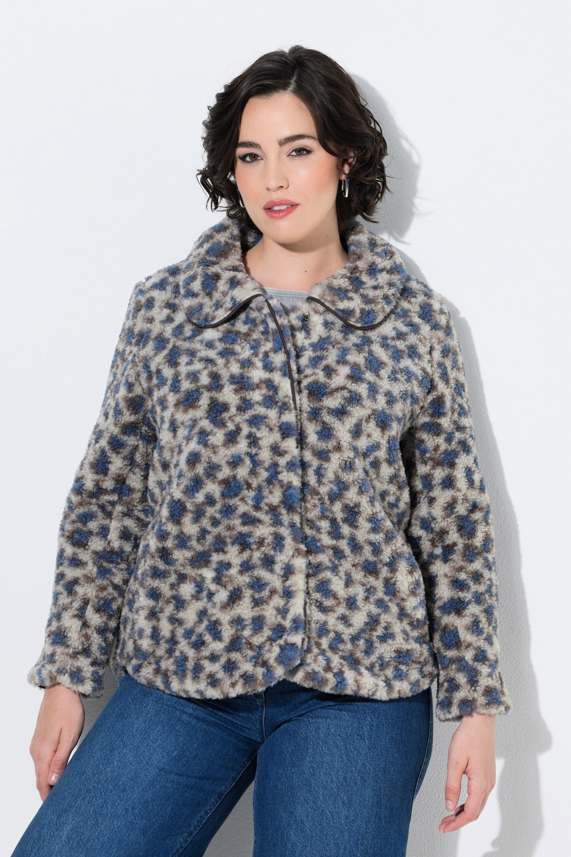 Ulla Popken Sommerjacke Teddyjacke Leomuster Lederoptik-Einfassung