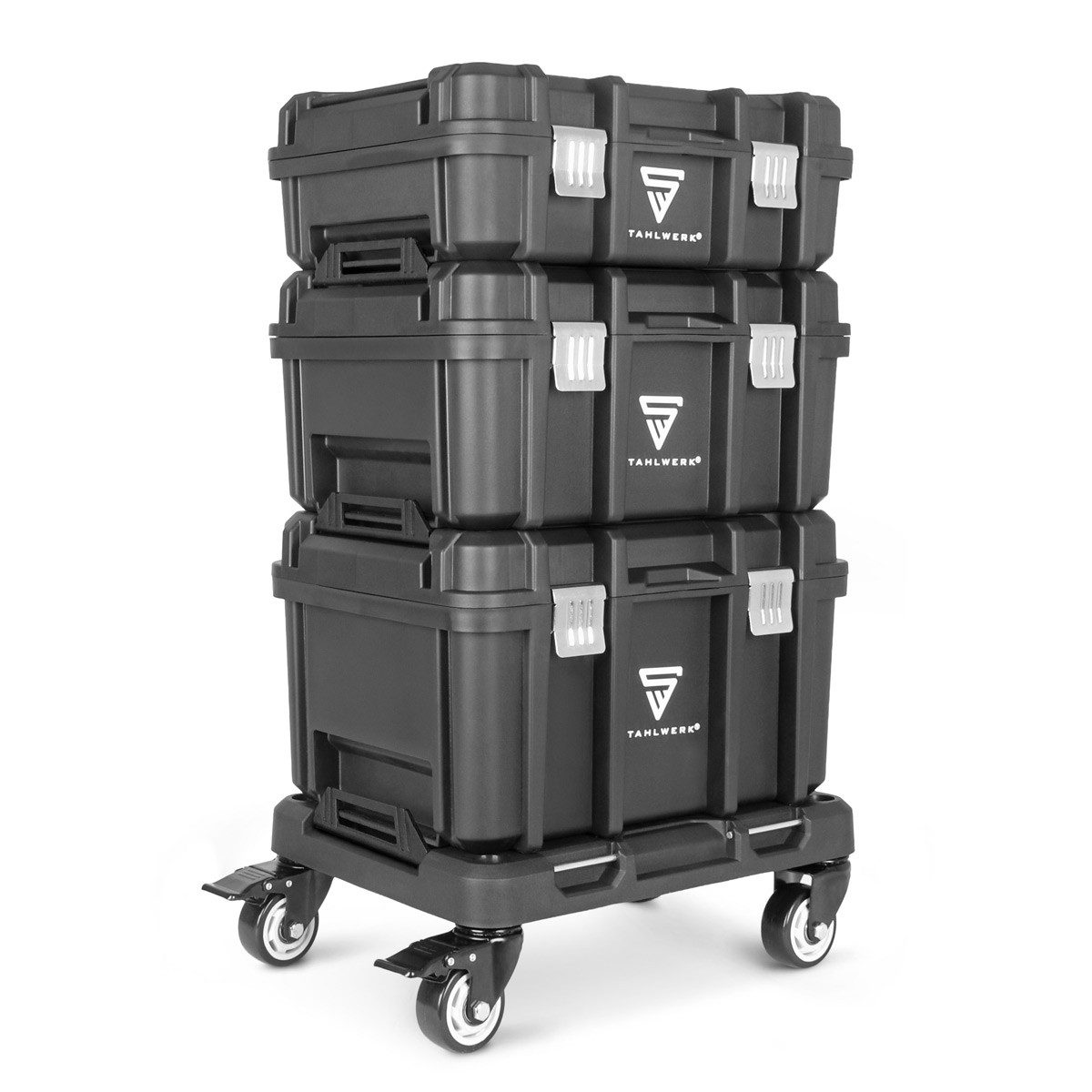 STAHLWERK Werkzeugbox Mobiler Werkzeugtrolley auf Rollplattform mit 3 Systemboxen Lenkrollen