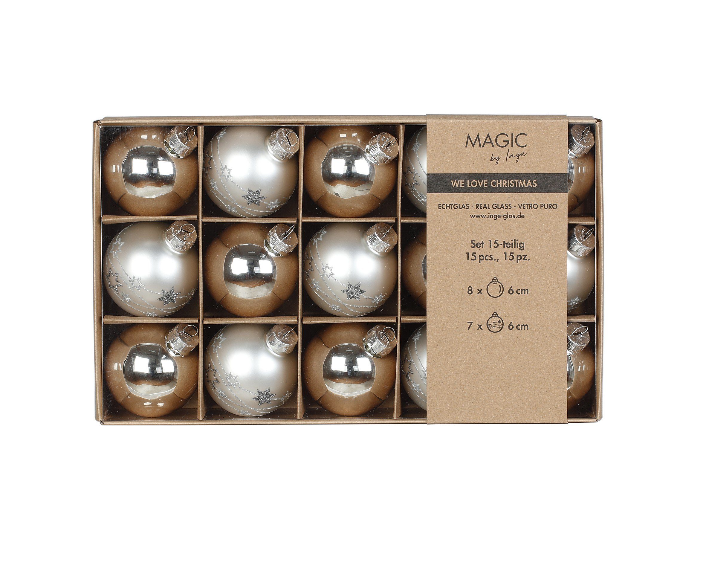 MAGIC by Inge Weihnachtsbaumkugel, Weihnachtskugeln Glas mit Motiv 6cm 15 Stück - Frosty Silver