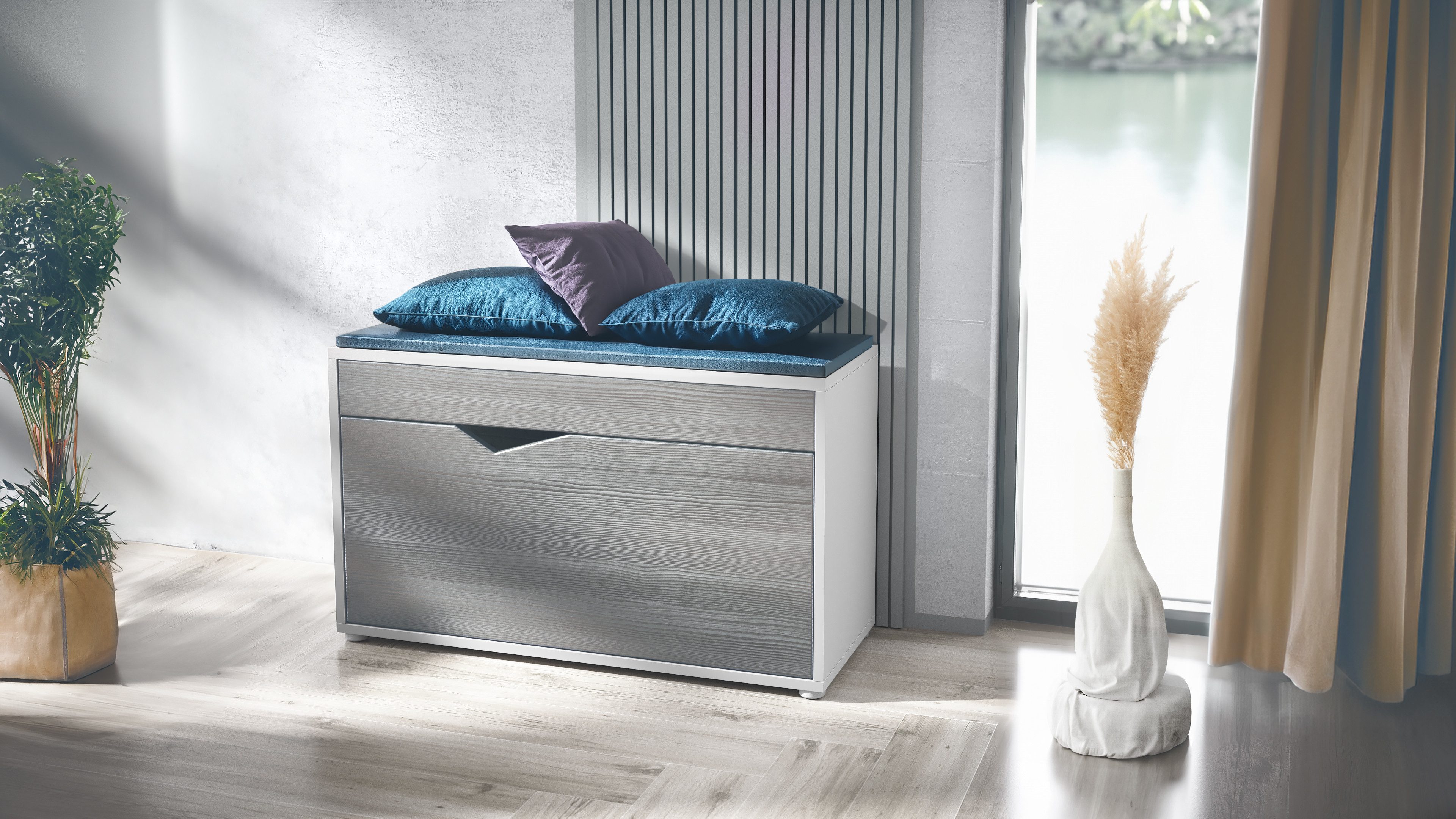 Vladon Schuhschrank Kolmio (Sitzbank, für 8 Paar Schuhe mit Sitzfläche) Weiß matt/Avola-Anthrazit (85 x 50 x 33 cm)