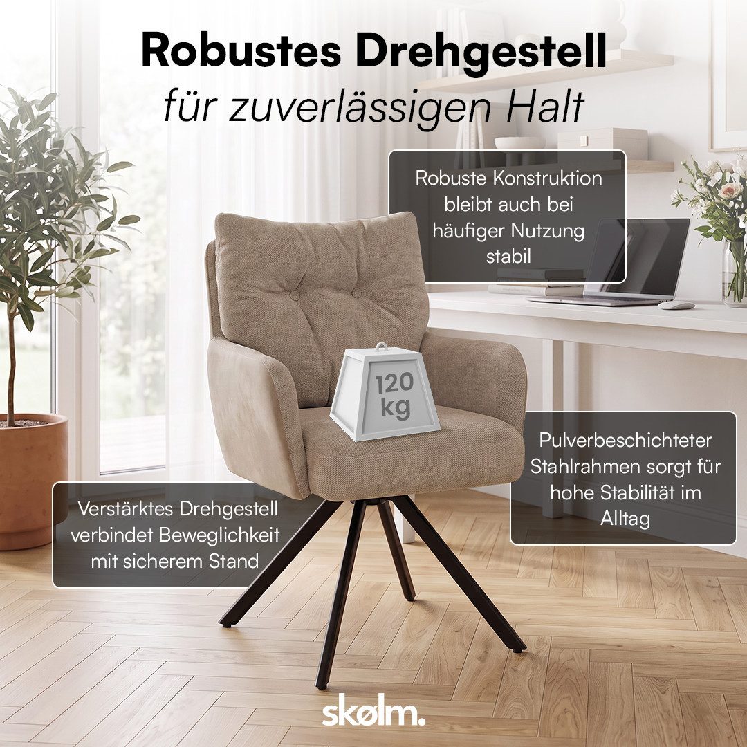 skølm Esszimmerstuhl Arvakr, Armlehnstuhl mit Metallgestell, 360° drehbar, gepolstert (Hellbraun, 2 St), Drehstuhl aus Leinen/Samt, Polsterstuhl bis 120 kg – Bild 3 von 5