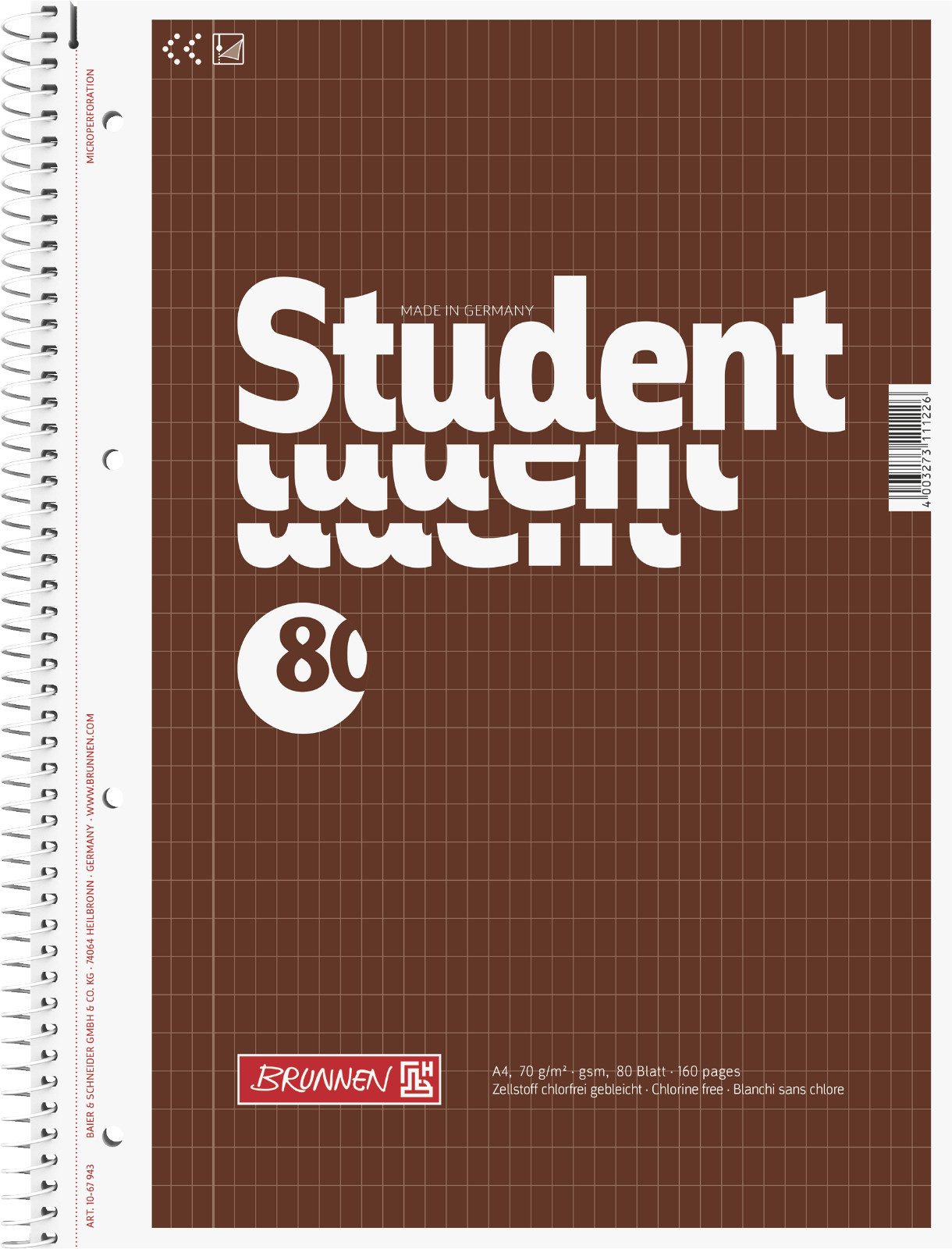 BRUNNEN Collegeblock A4 rautiert 70 g/m² 80 Blatt Block Spiralbindung 10-67943