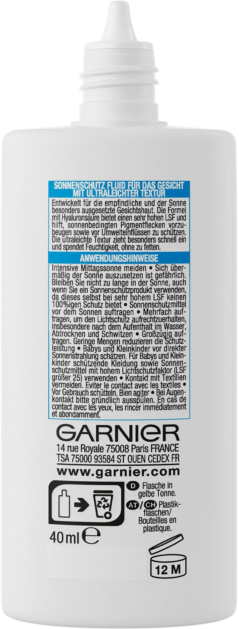 GARNIER expert+, Sonnenschutzfluid Solaire Ambre Sensitive LSF 50 mit Hyaluronsäure