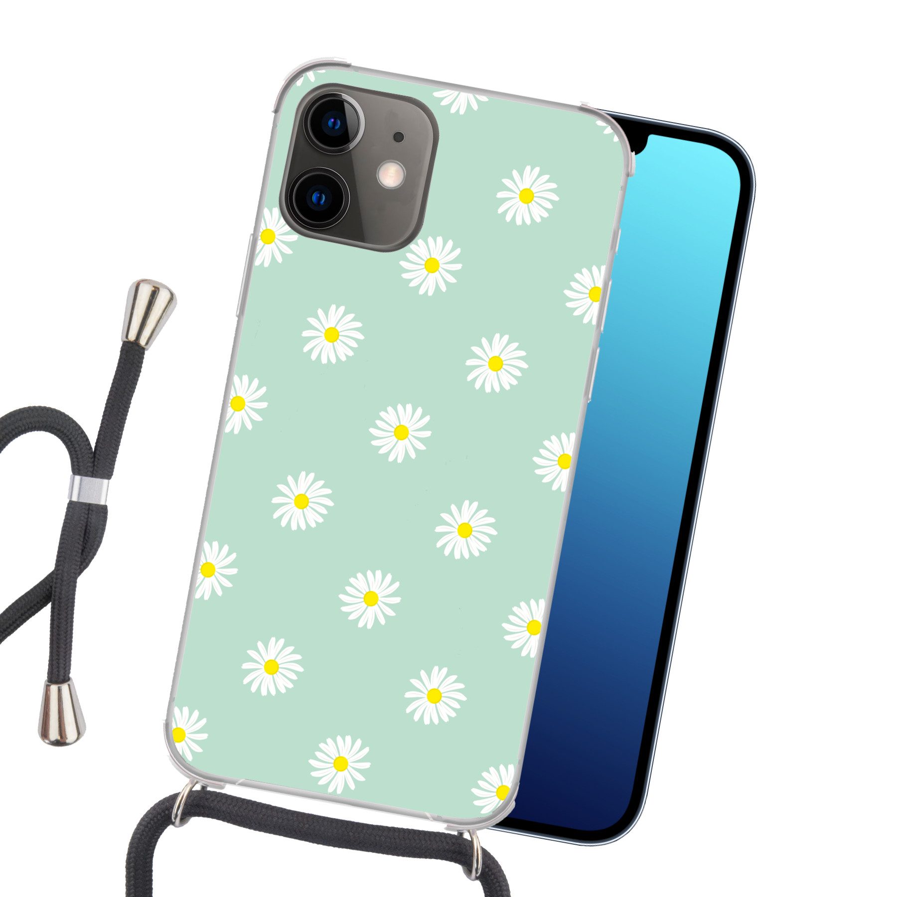 MuchoWow Handyhülle für Apple iPhone 12 Gänseblümchen - Pastell - Weiß - Grün - Florales M, Tragbare Handyhüllen mit Kette zum umhängen, Handykette Handyband