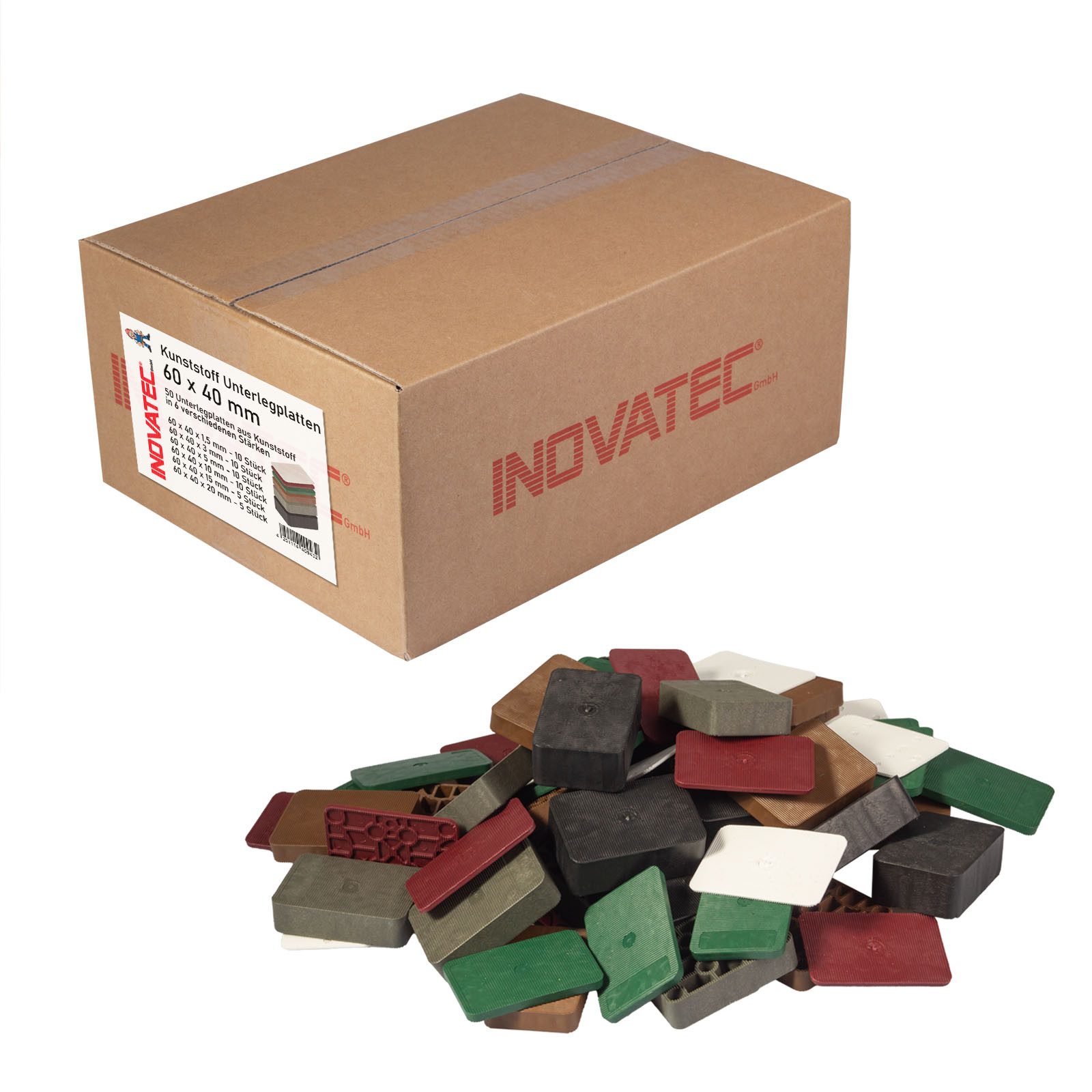 Inovatec Unterlegplatte Kunststoff Unterlegplatten 60 x 40 x 1,5-20 mm Verglasungsklötze Mix, 50-St.