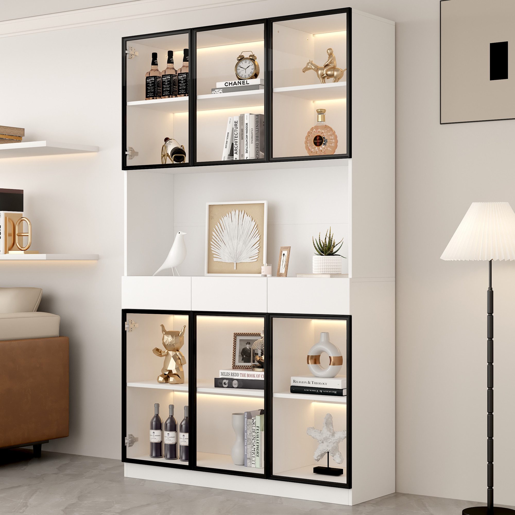 Luckice Info-Schaukasten Glasschrank Tür 200cm hoch Weißer Vitrinenschrank mit LED Lichtern, (Multi Storage Bücherregal für Sammlung Schlafzimmer, Wohnzimmer Büro)