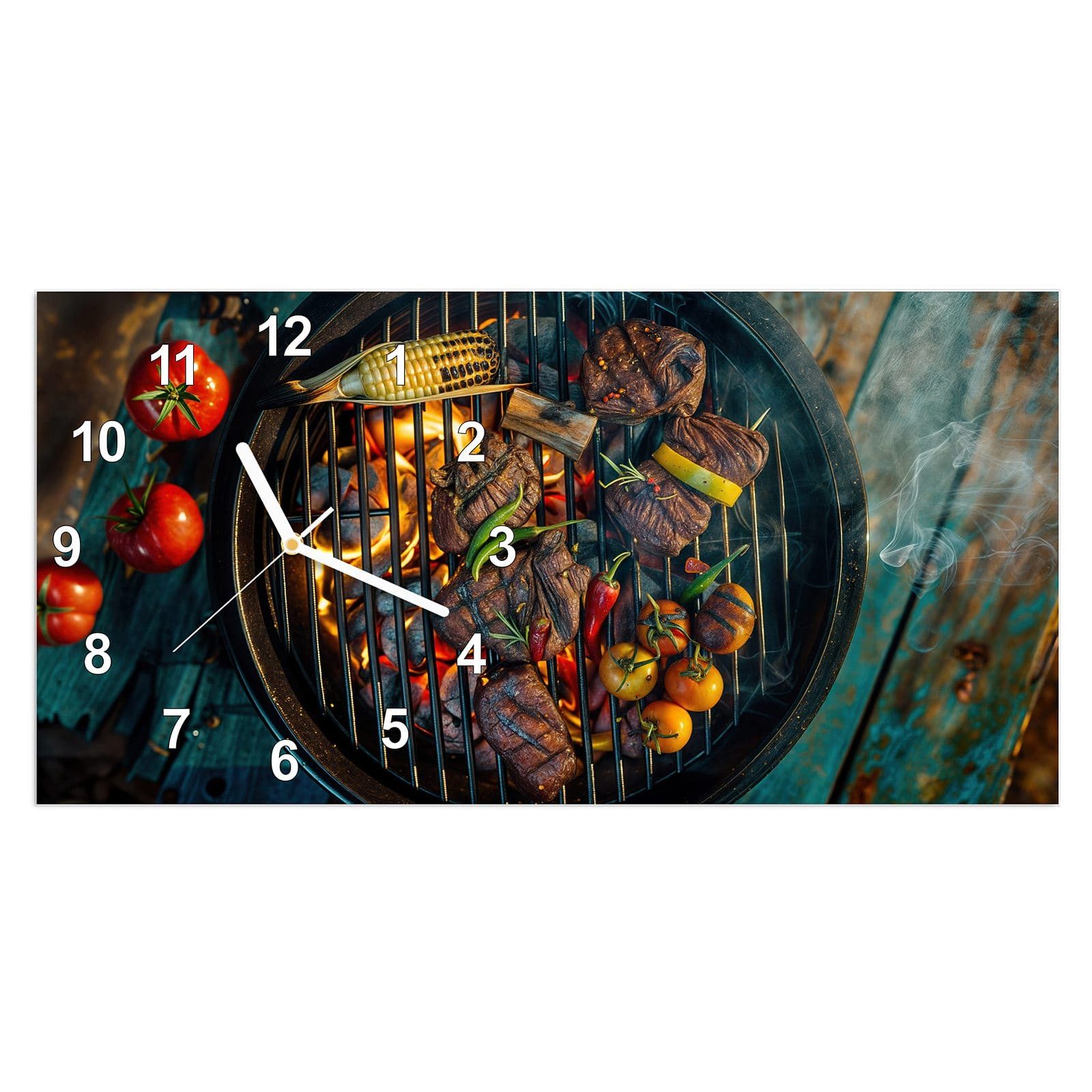 Wanduhr Glasuhr Wandkunst Größe 60 x 30 cm mit Motiv Sommergrillfest