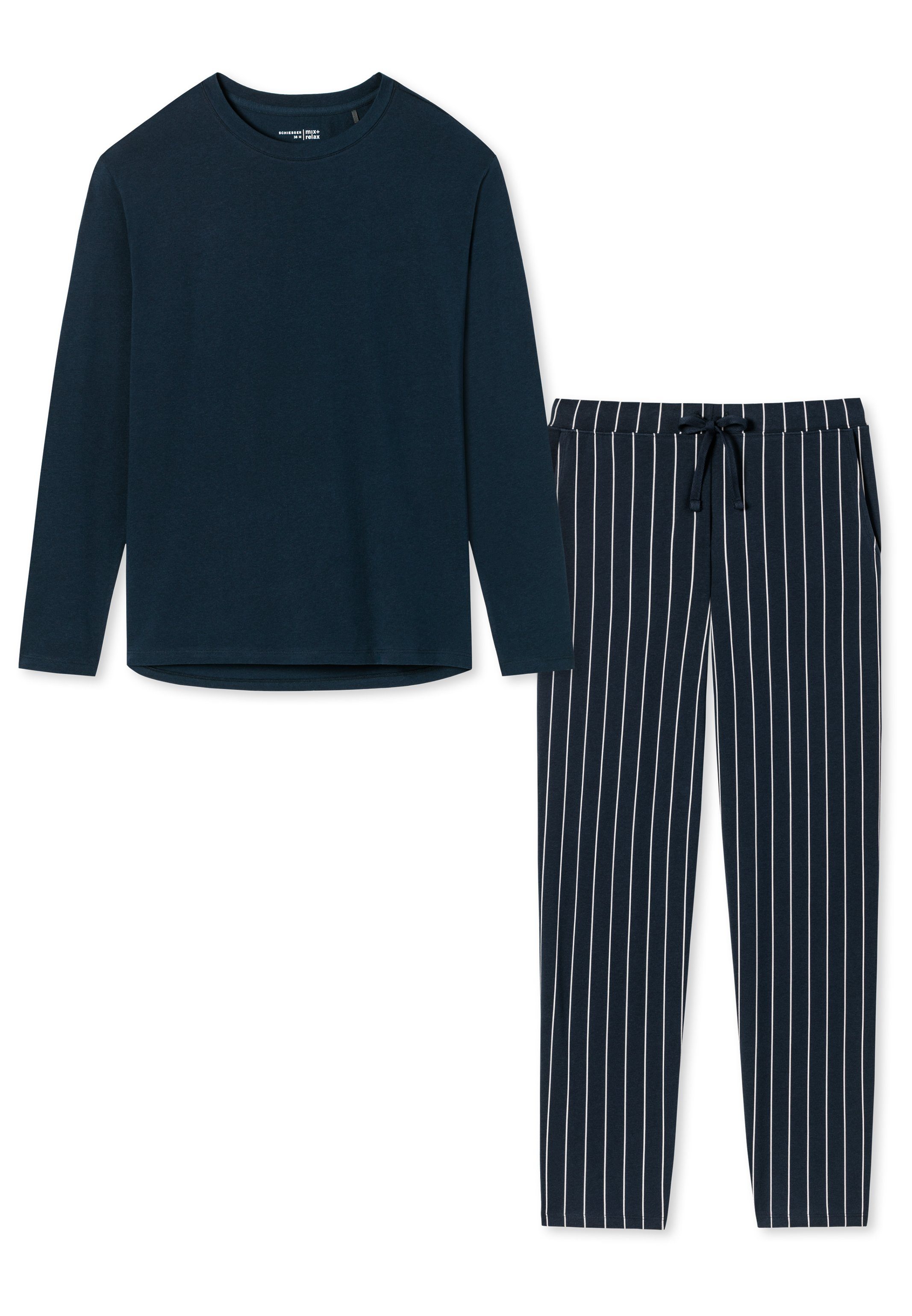 (Set, - Schlafanzug / Pyjama - 2 Blau Organic tlg) Schiesser Baumwolle gestreift Cotton Dunkelblau