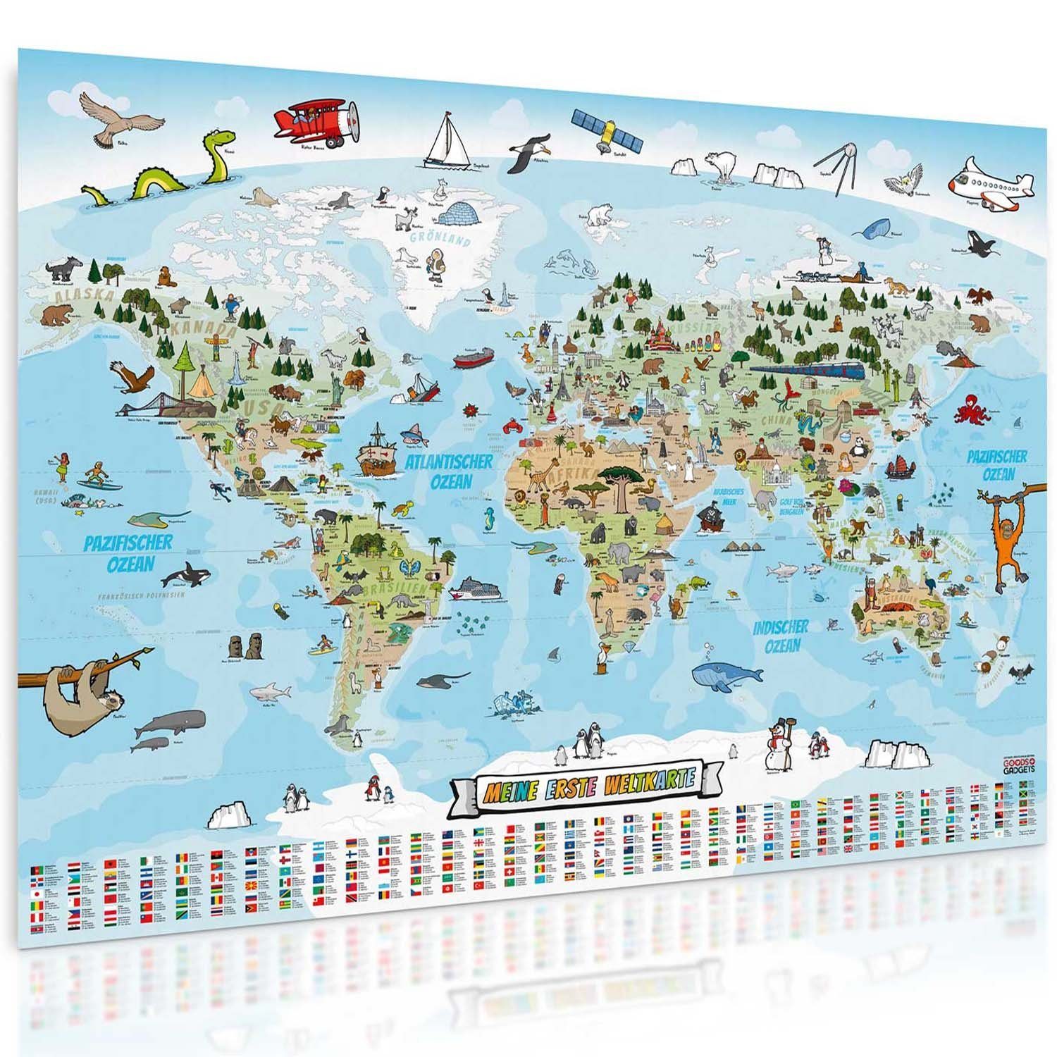 Goods+Gadgets Poster Panorama Kinder-Weltkarte, (XXL Kids-World-Map), Land-Karte Handgezeichnet & Laminiert