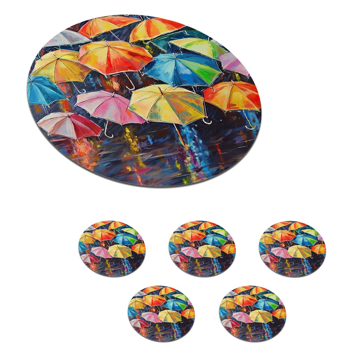 MuchoWow Glasuntersetzer Regenschirme - Malerei - Kunst - Regenbogen, Zubehör für Gläser, 6-tlg., Getränkeuntersetzer, Tassenuntersetzer, Korkuntersetzer, Tasse, Becher