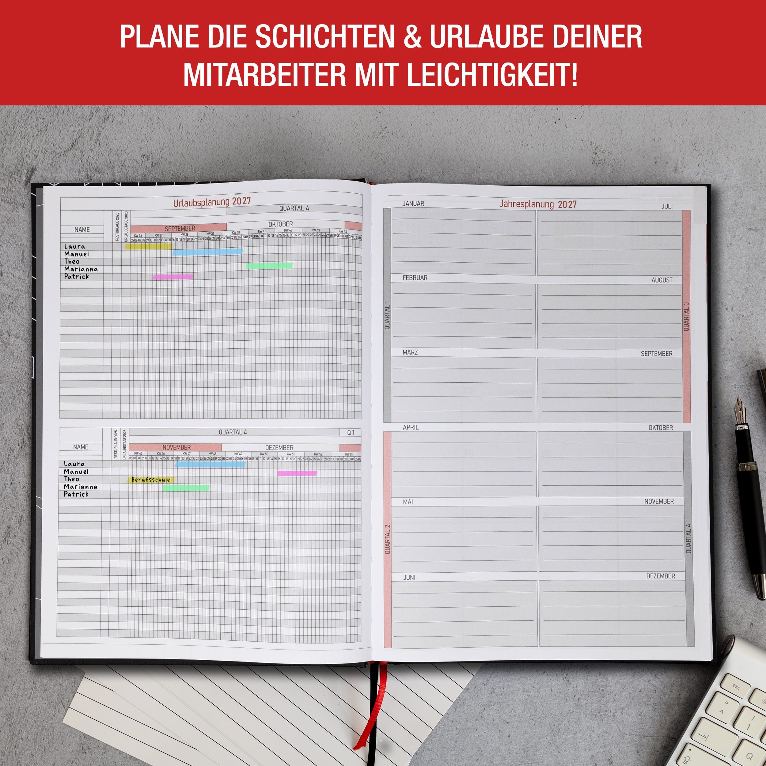 TOBJA Buchkalender Praxisplaner 2027 A4 Mono Hardcover Layflat 15 Min Takt FSC, Hardcover Layflat, 15-Min-Takt 7-21 Uhr, A4, FSC, 23 Mitarbeiter – Bild 4 von 5