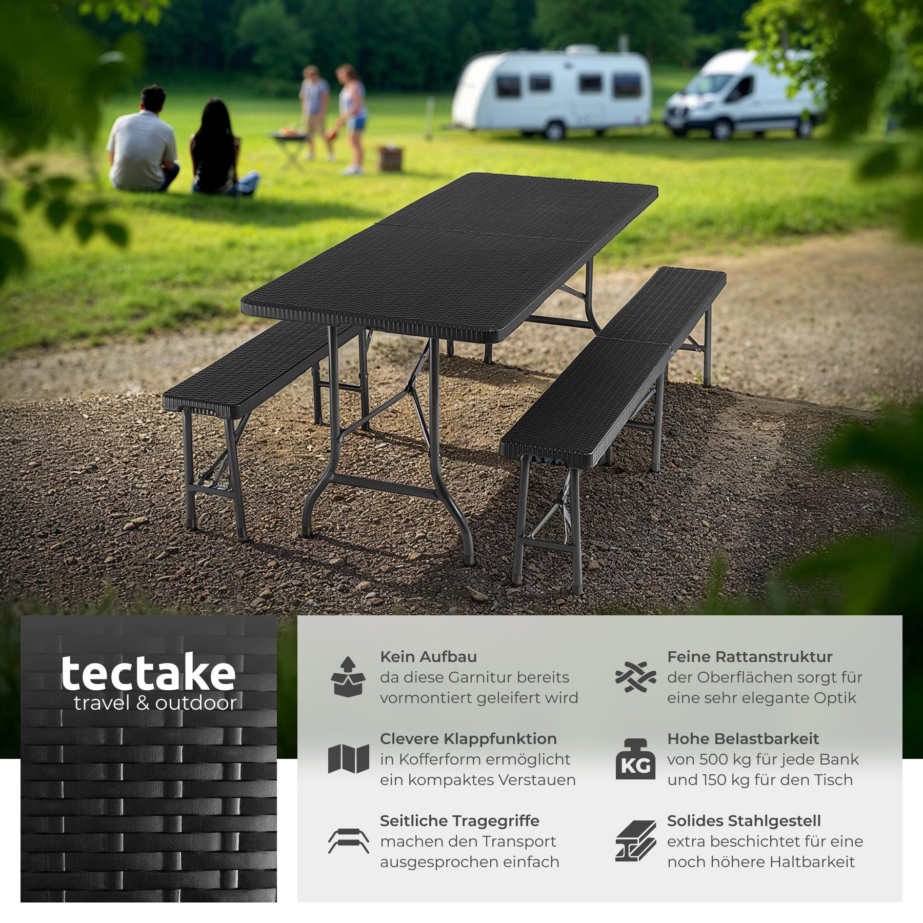 tectake Campingtisch Vani (1-St., 3 tlg), Kompakte Campinggarnitur mit Klap günstig online kaufen