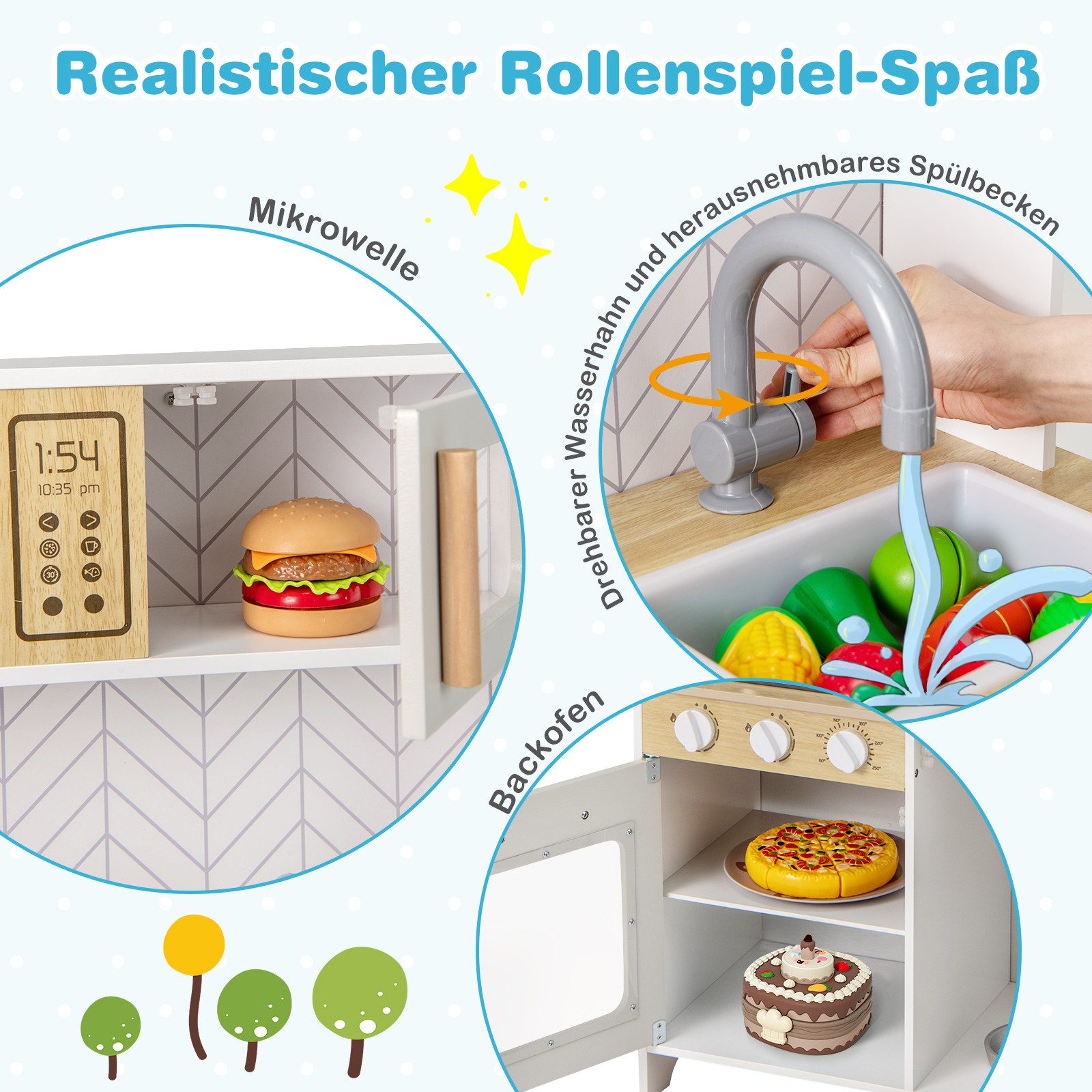 COSTWAY Spielküche, Kinderküche mit Mikrowelle, Herd, Spüle, Backofen