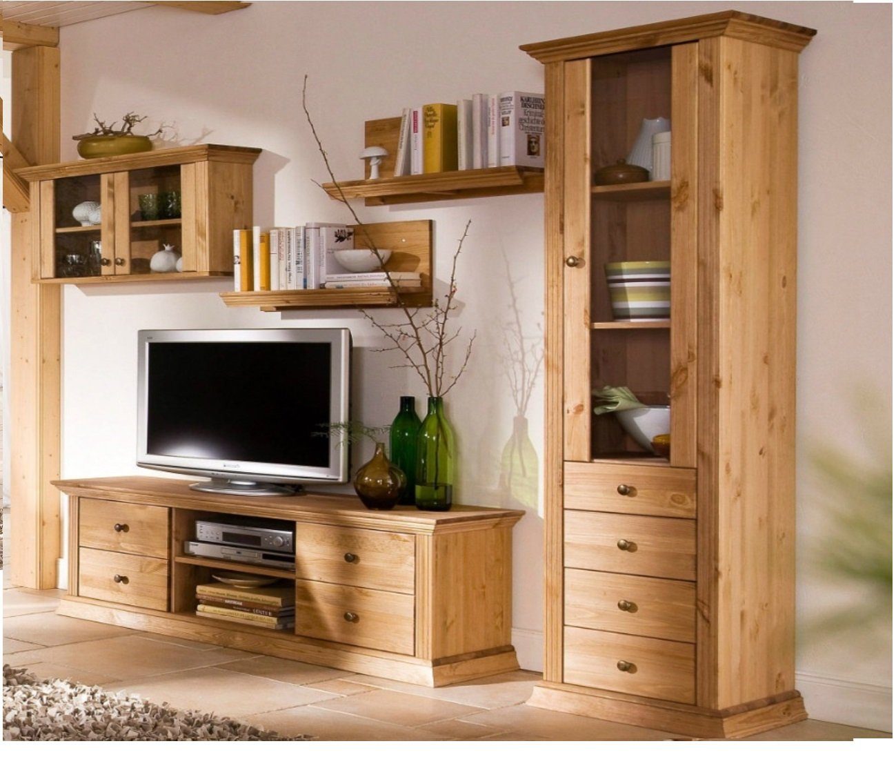 Clever-Moebel Wohnwand 5tlg. Wohnwand aus Kieferholz im Landhausstil TV Regal Schrank, (bestehend aus Vitrine, Lowboard, Hängeschrank, Wandregal 2er Set)