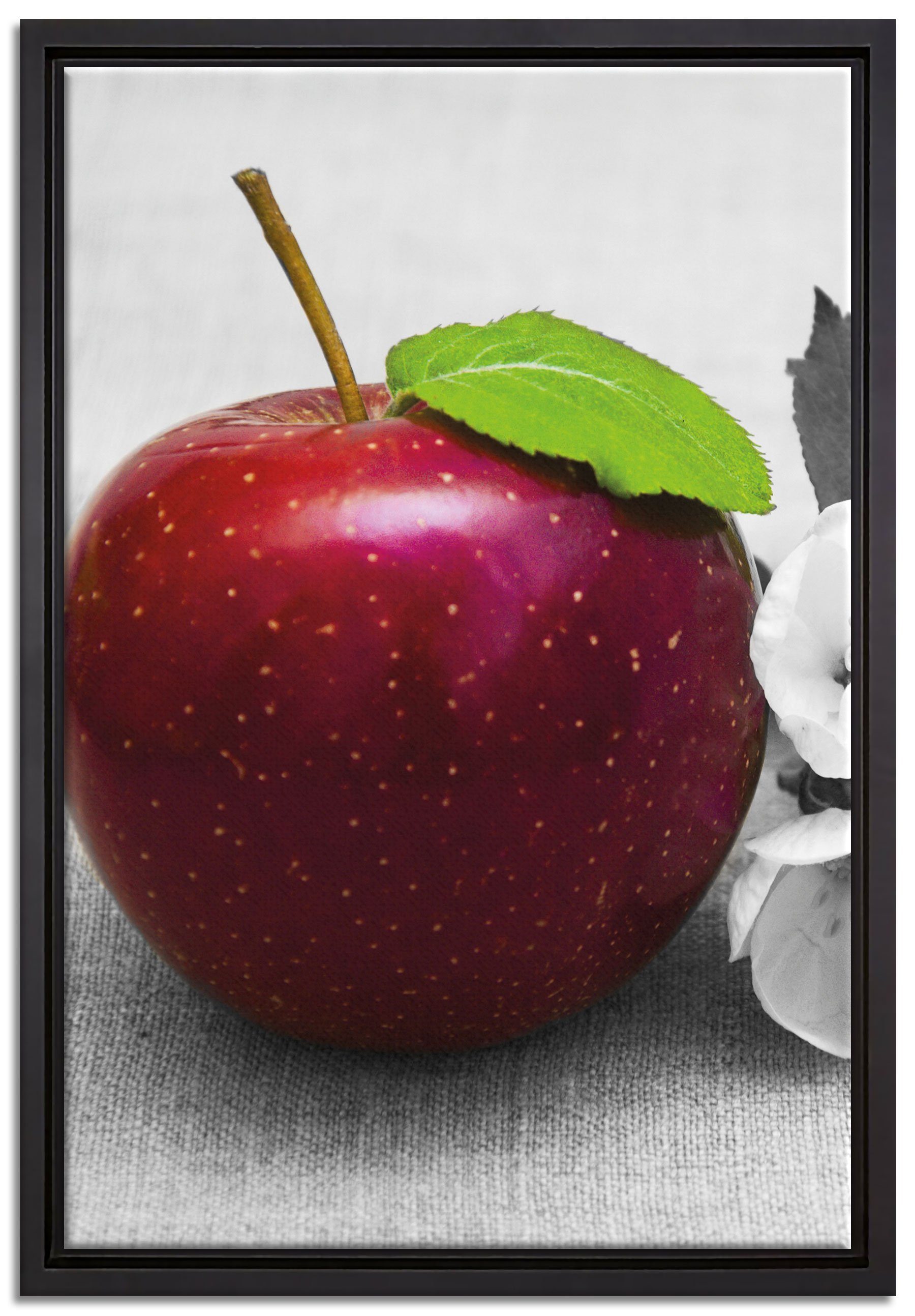 Pixxprint Leinwandbild Schöner roter Apfel mit Blüten, Wanddekoration (1 St), Leinwandbild fertig bespannt, in einem Schattenfugen-Bilderrahmen gefasst, inkl. Zackenaufhänger