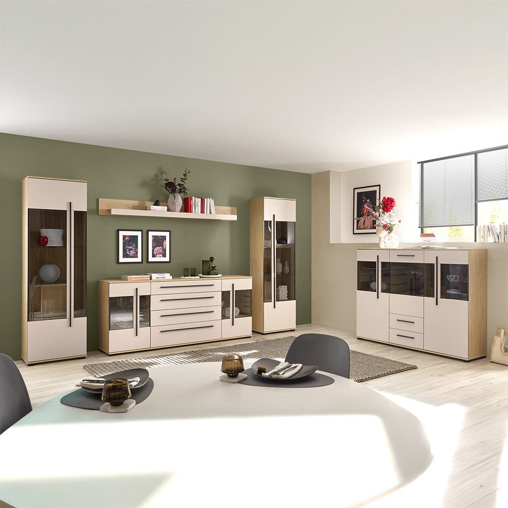 Lomadox Wohnwand COLORADO-61, (5-St., Vitrinen Sideboard Highboard Wandregal), Wohnzimmermöbel-Set in Beige mit Eiche