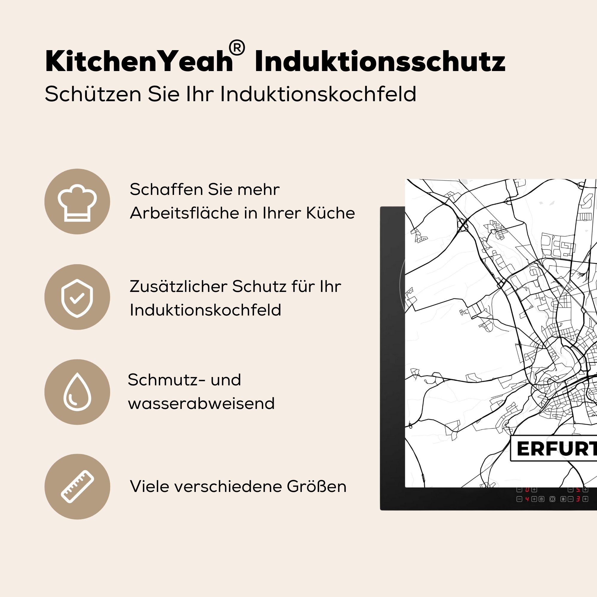 Vinyl, - - tlg), 78x78 Ceranfeldabdeckung, Stadtplan Erfurt Arbeitsplatte Karte, (1 MuchoWow cm, küche für Herdblende-/Abdeckplatte