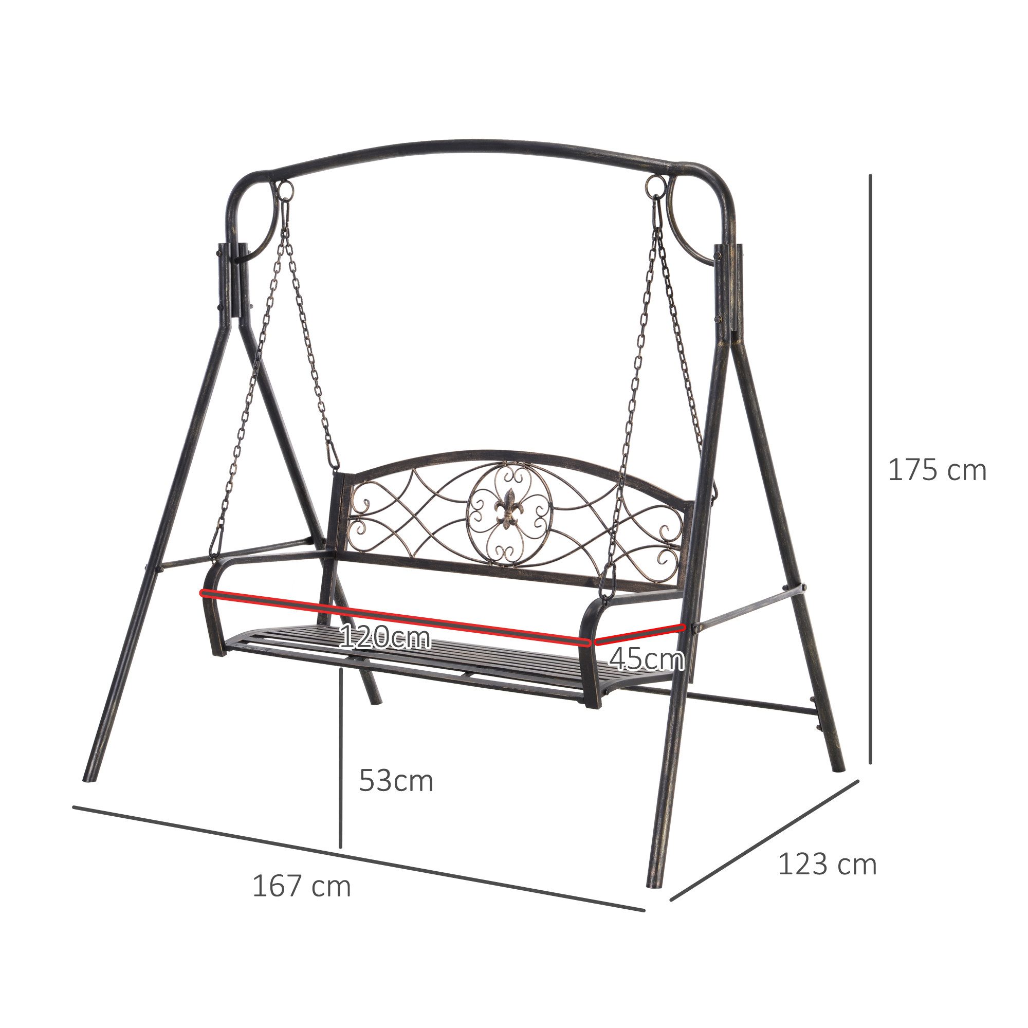 CHICFURN Hollywoodschaukel Gartenschaukel für 2 Personen aus Metall, 2-Sitzer, Packung, 1 tlg., Garten & Terrasse, Bronze, 167 x 123 x 175 cm