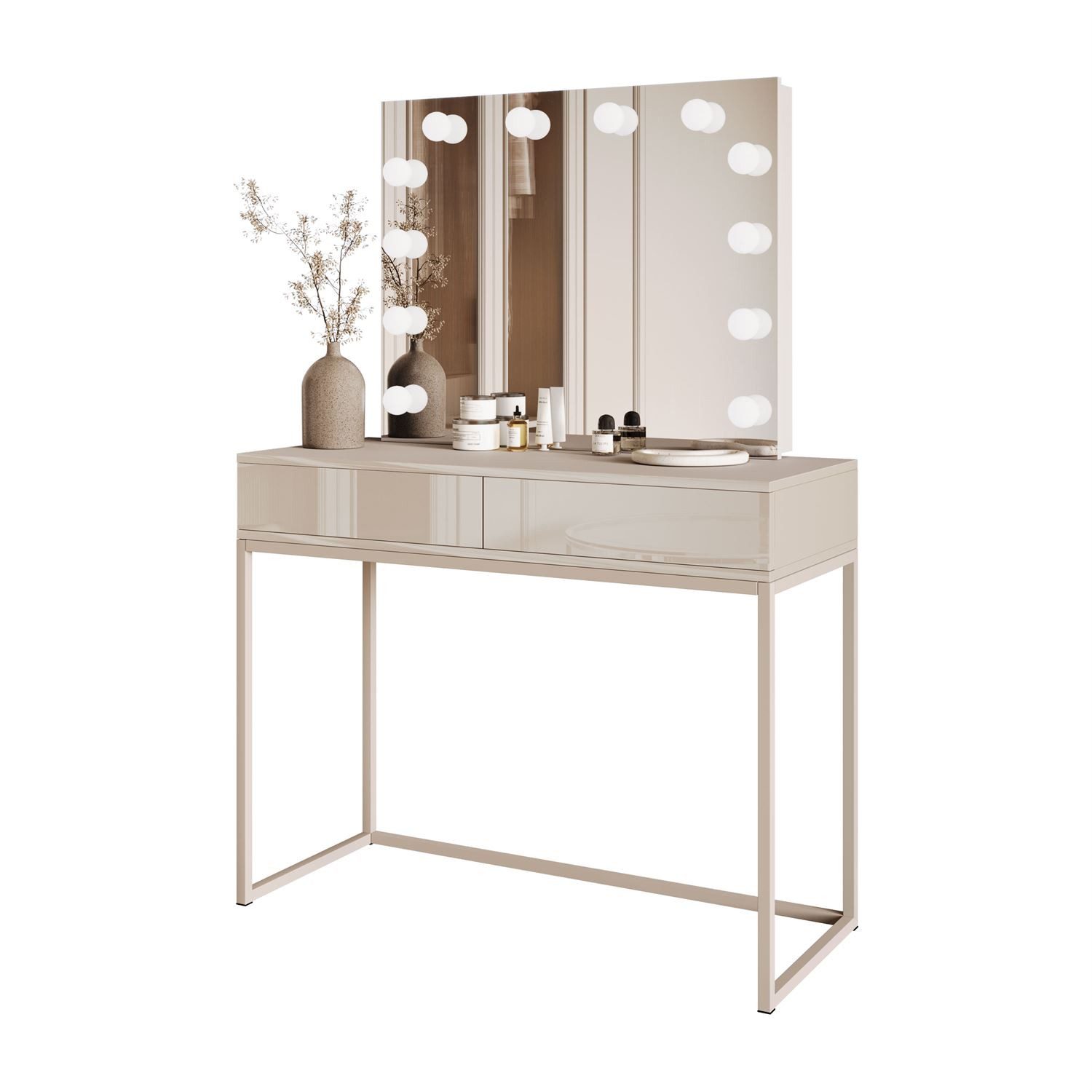 Lookway Schminktisch BLANCO KASCHMIR ELITE auf kaschmirfarbenem Gestell (1x Konsole, 1x Spiegel mit Led Beleuchtung), Breite: 100 cm