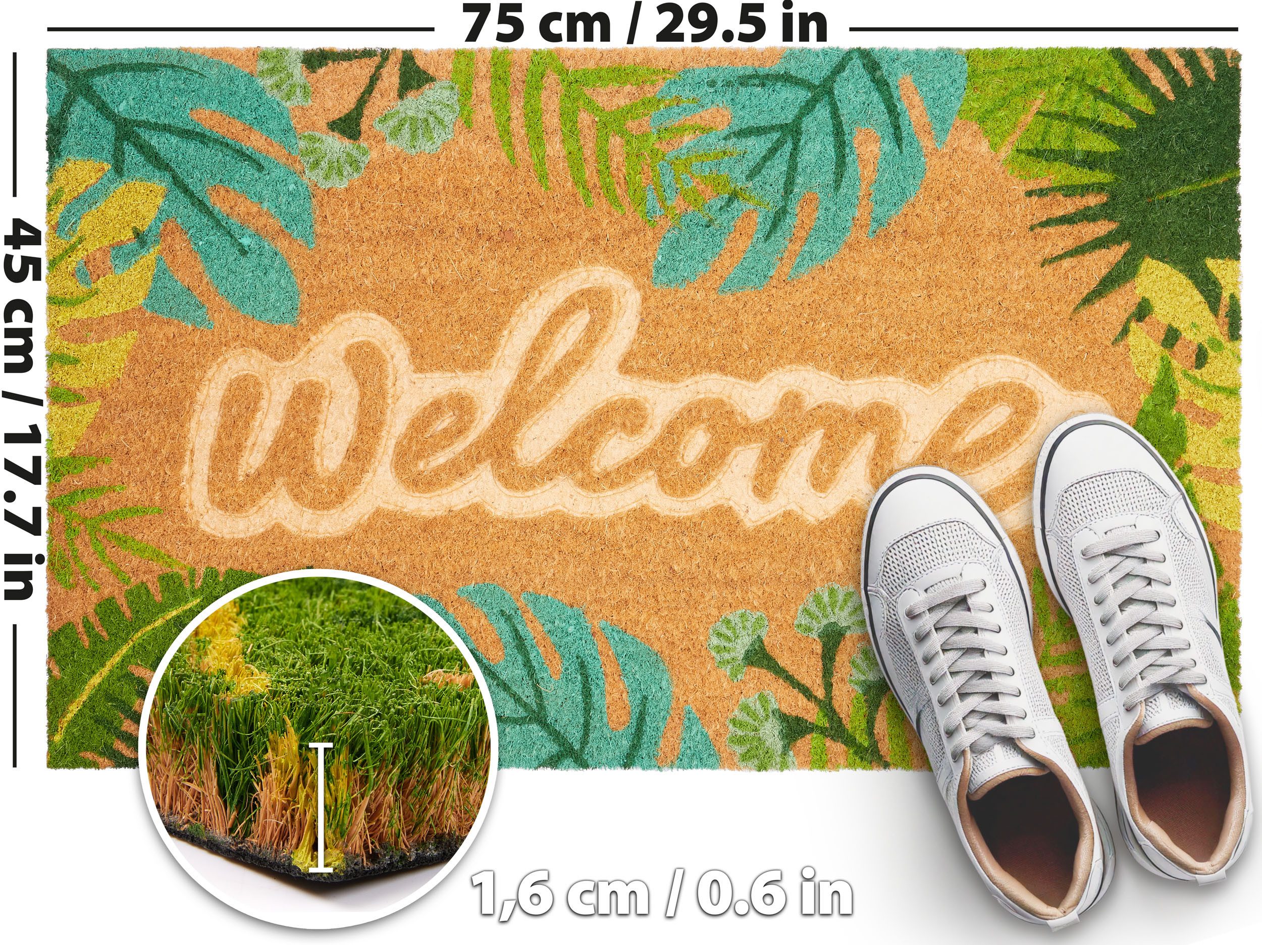 BRUBAKER Fußmatte Blumen und Pflanzen - 45 x 75 cm Schmutzfangmatte - Kokos Fußabtreter, Rechteckig, Höhe: 16 mm, Antirutsch Türmatte für Außen und Innen - Wett – Bild 5 von 5