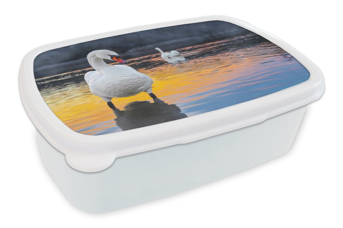 MuchoWow Lunchbox Schwan - Vogel - Sonnenuntergang - Wasser, Kunststoff, (2-tlg), Brotbox für Kinder und Erwachsene, Brotdose, für Jungs und Mädchen weiß | Lunchboxen